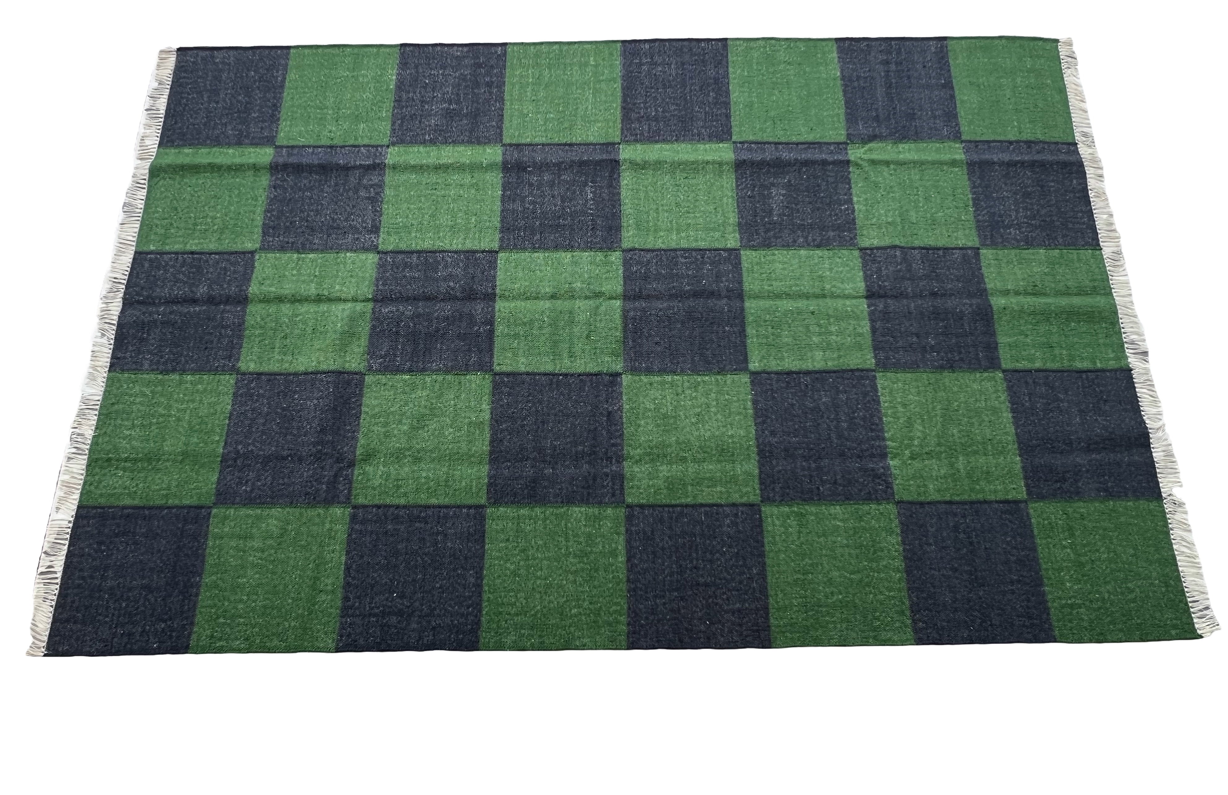 Modern Handmade New Zealand Wool Forest Green And Greyish Blue Checker Board Area Rug-6827