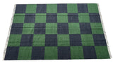 Modern Handmade New Zealand Wool Forest Green And Greyish Blue Checker Board Area Rug-6827