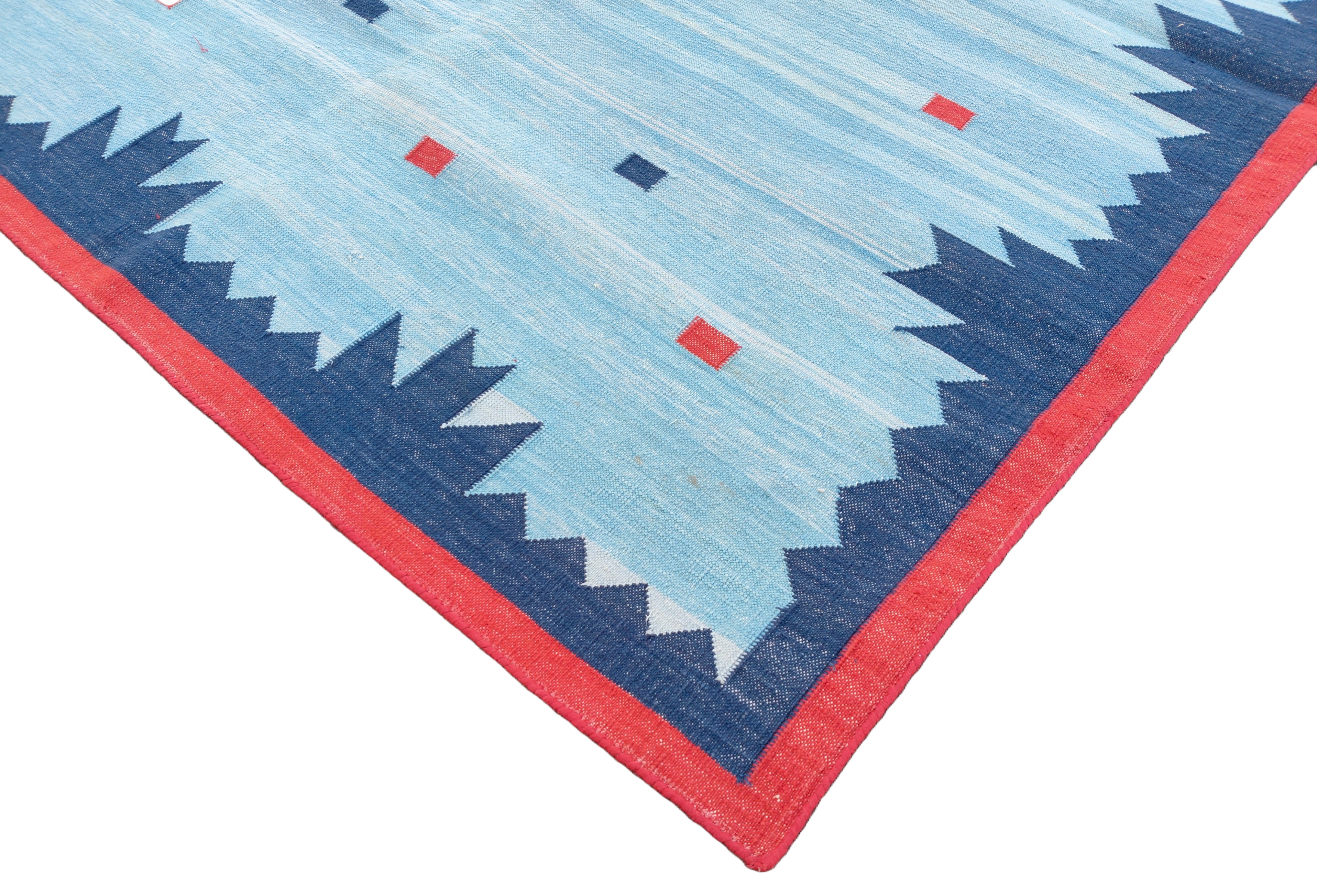 Modern Handmade Cotton Rug, 5x8 Sky And Navy Blue Red Border Geometric Diamond Rug-6775