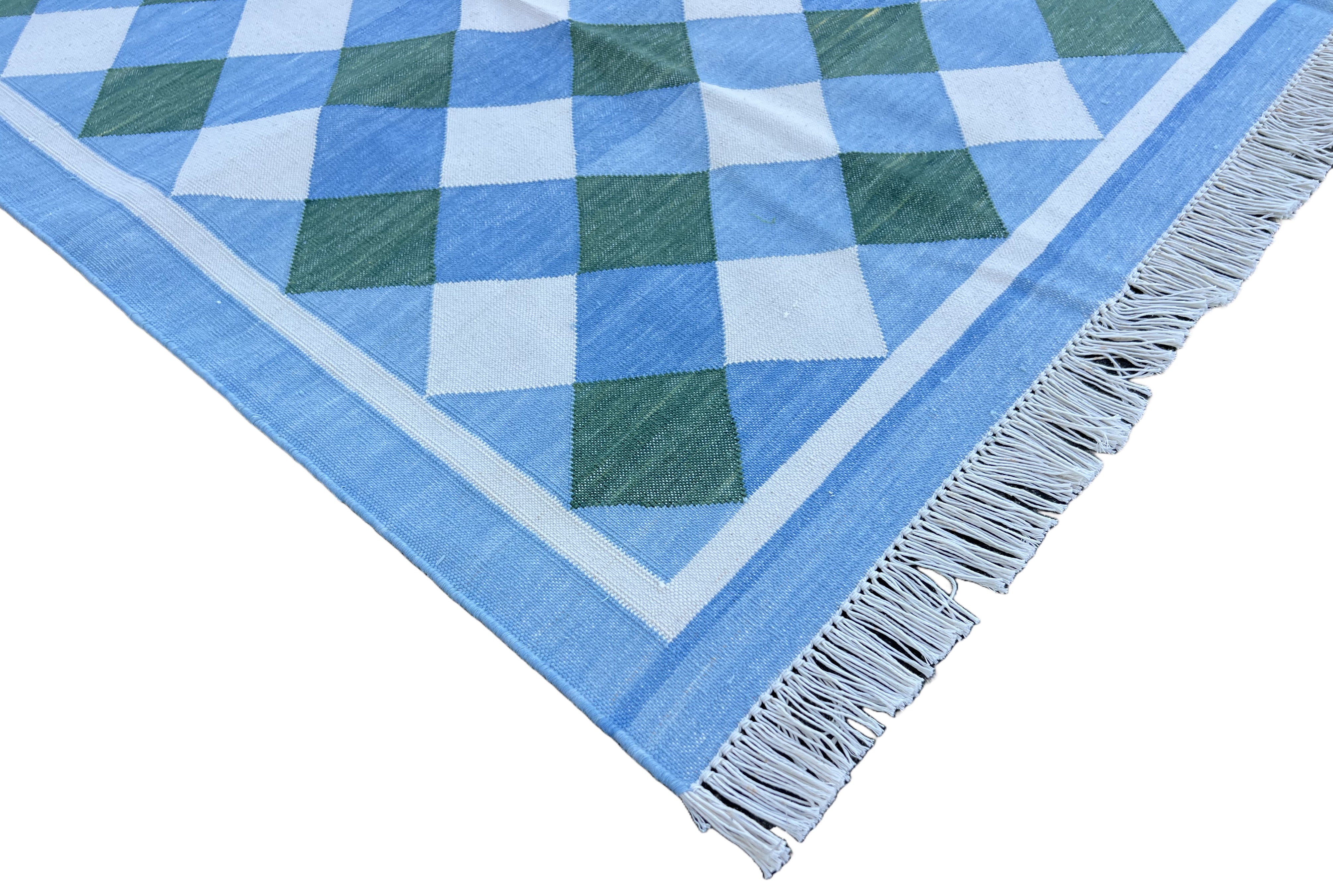Modern Handmade Cotton Sky Blue, Cream And Forest Green Checked Rug-6760