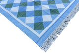 Modern Handmade Cotton Sky Blue, Cream And Forest Green Checked Rug-6760