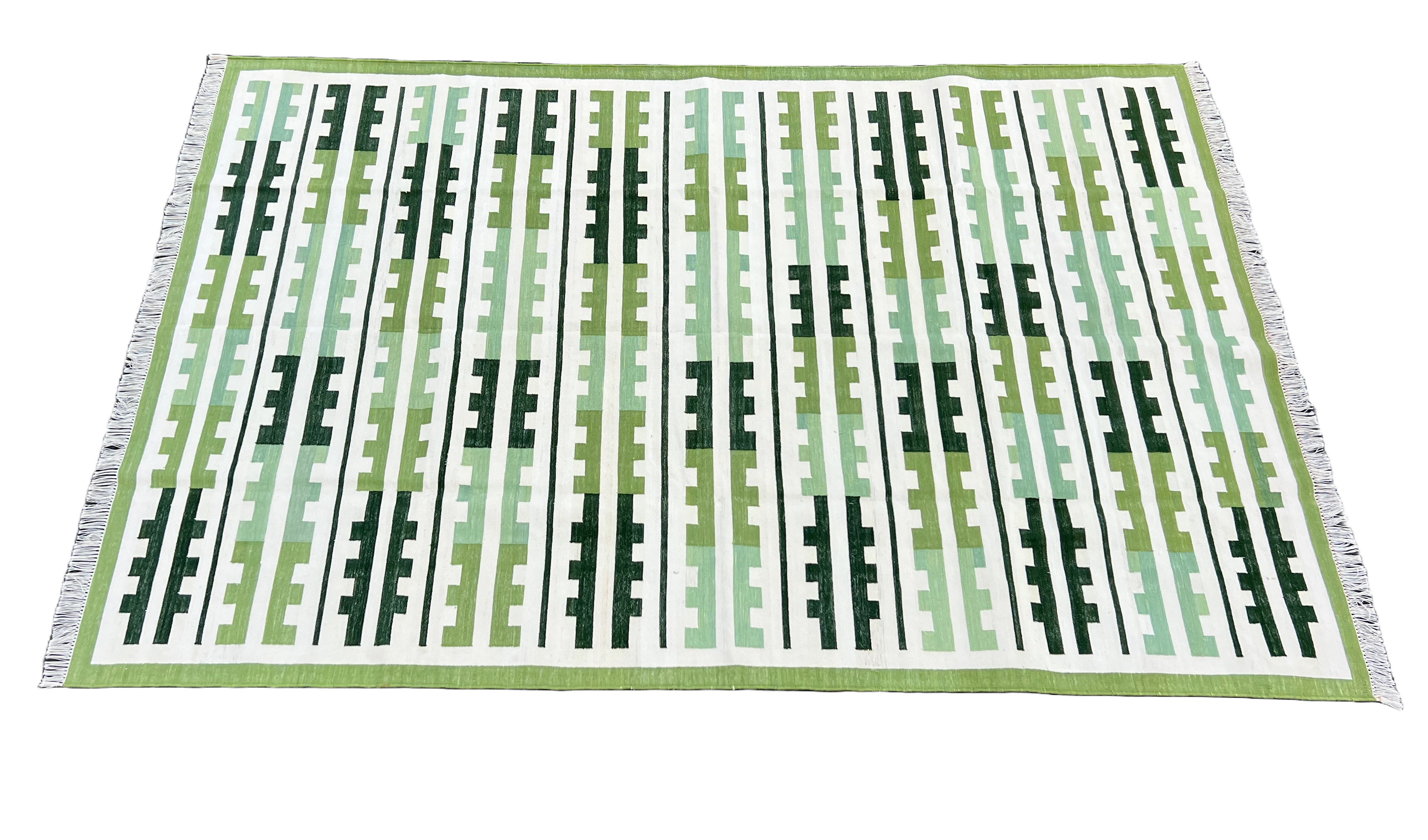Modern Handmade Cotton Green And Cream Marianne Striped Rug-6757