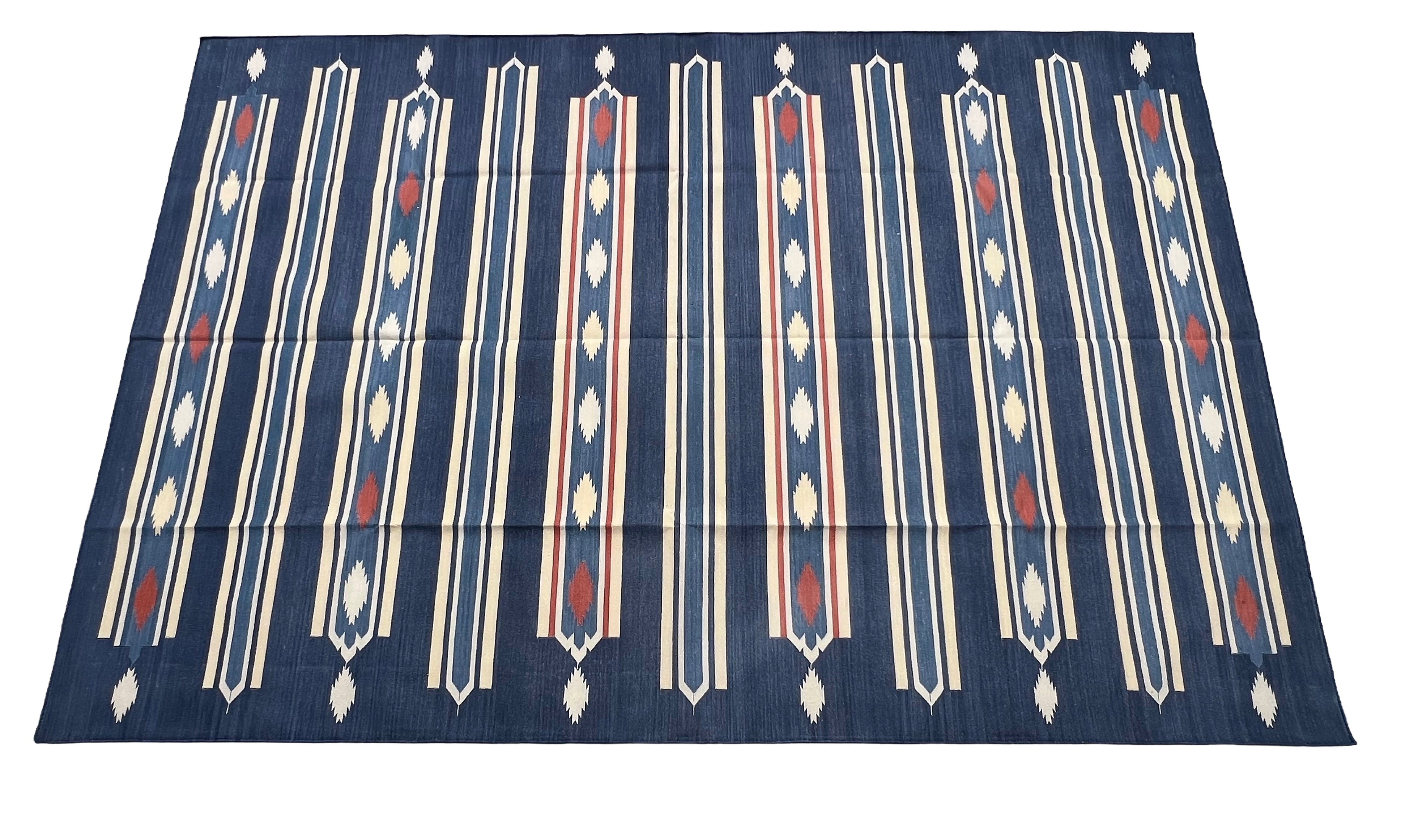 Modern Handmade Cotton Indigo Blue, Cream And Terracotta Diamond Striped Area Rug-6829