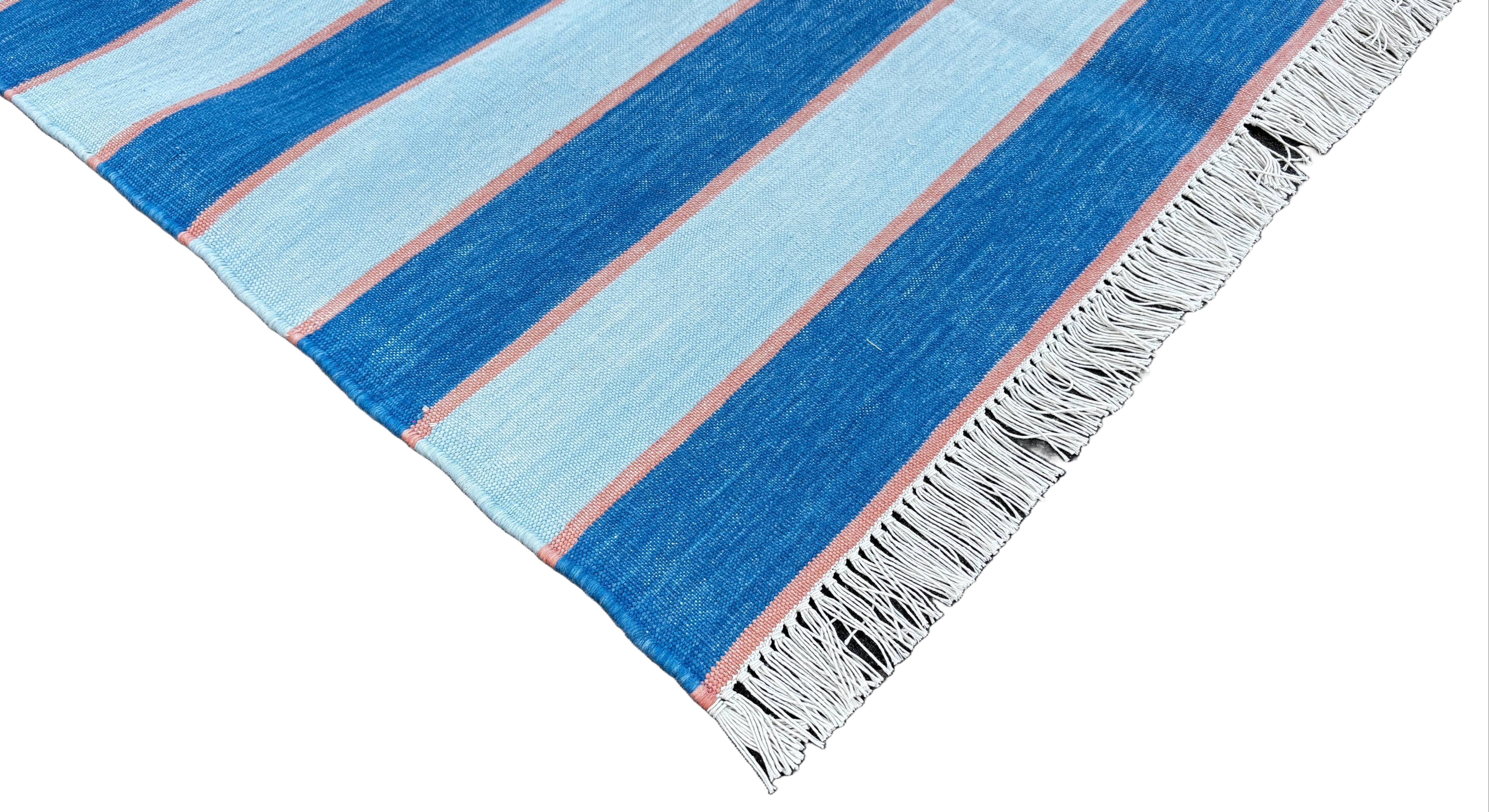 Modern Handmade Cotton Blue And Orange Striped Area Rug-6765
