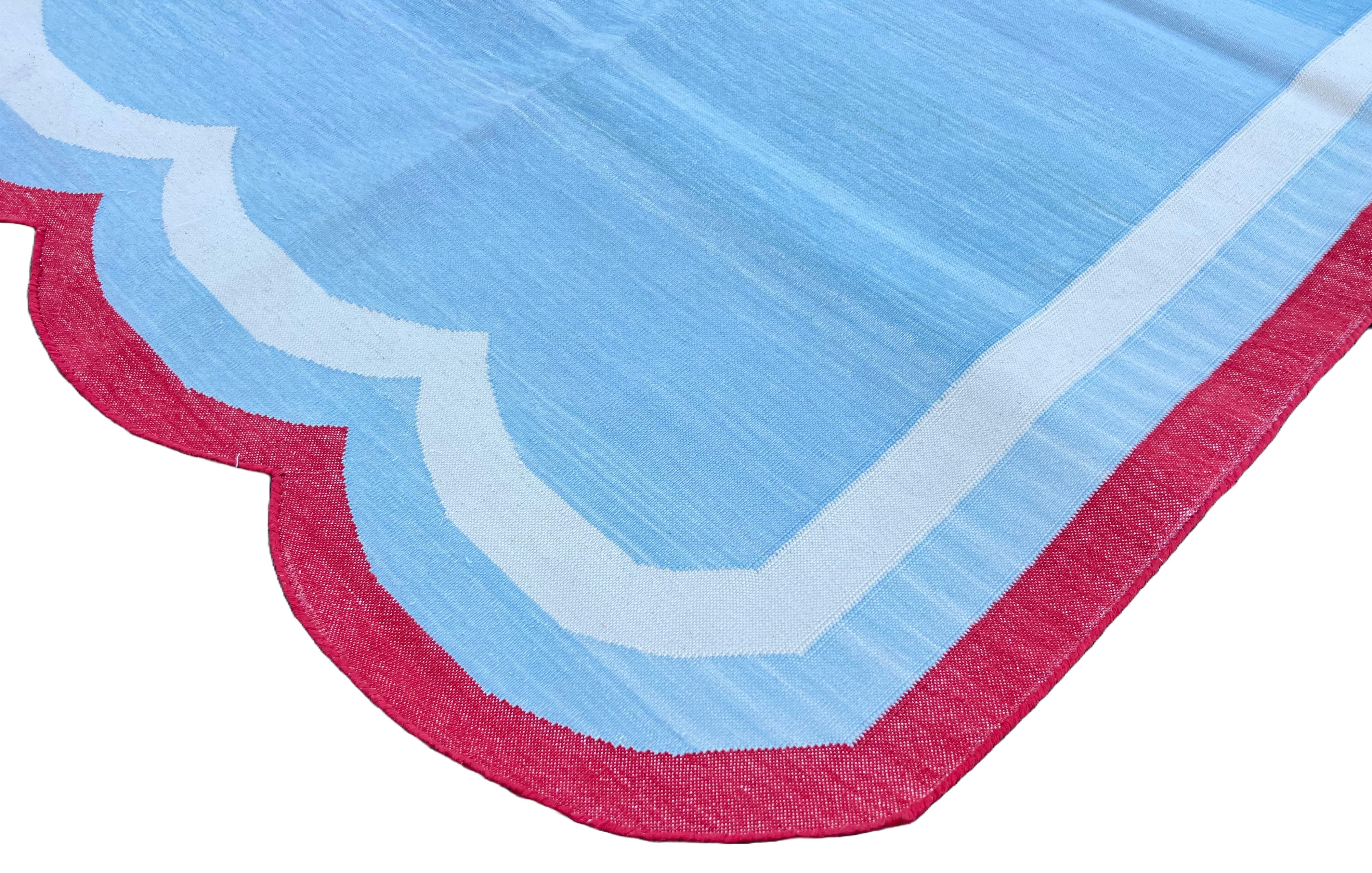 Modern Handmade Cotton Sky Blue, Cream and Red Scalloped Rug-9660