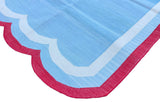 Modern Handmade Cotton Sky Blue, Cream and Red Scalloped Rug-9660