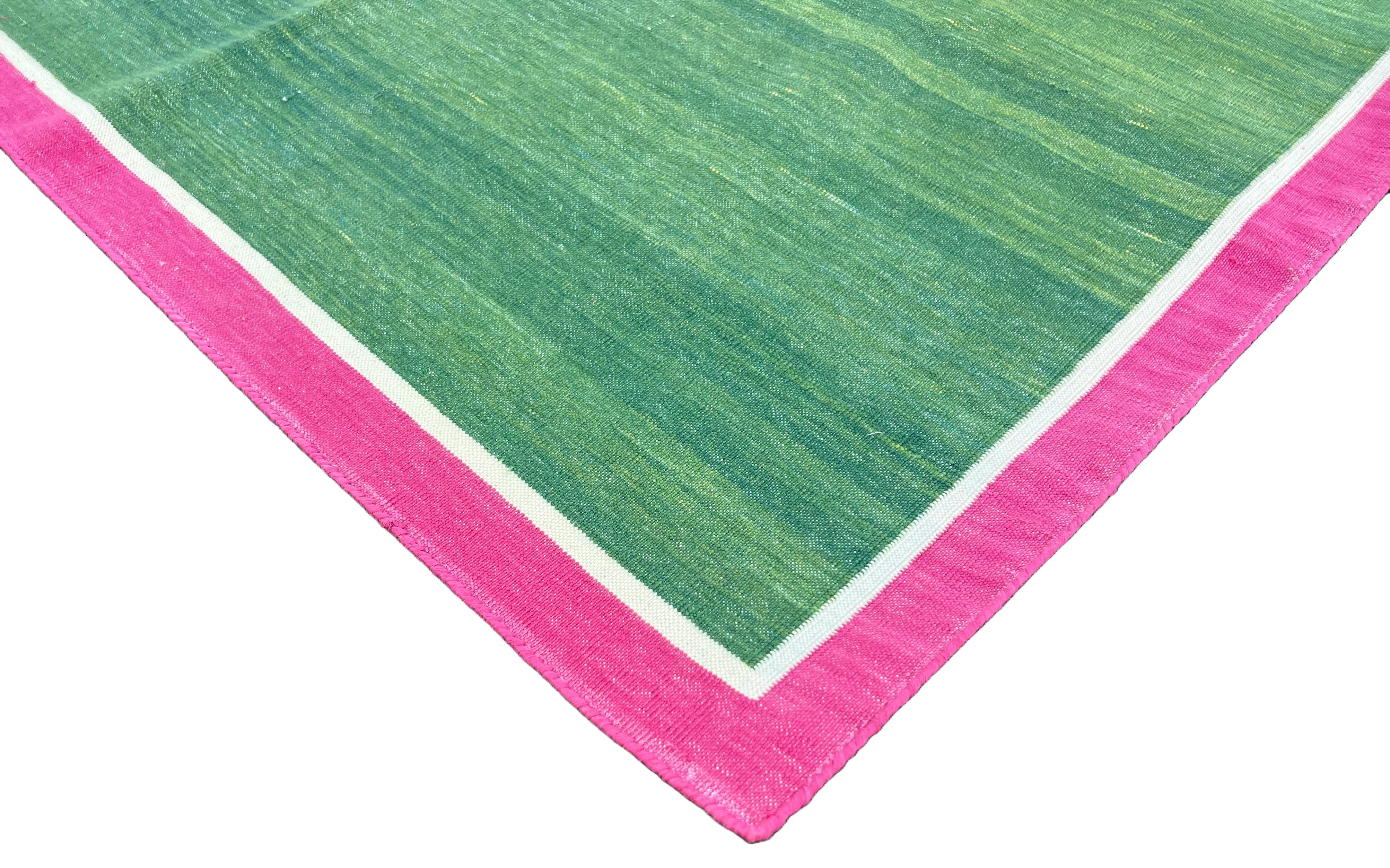 Modern Handmade Cotton Green, Cream And Raspberry Pink Empty Field Runner-6758