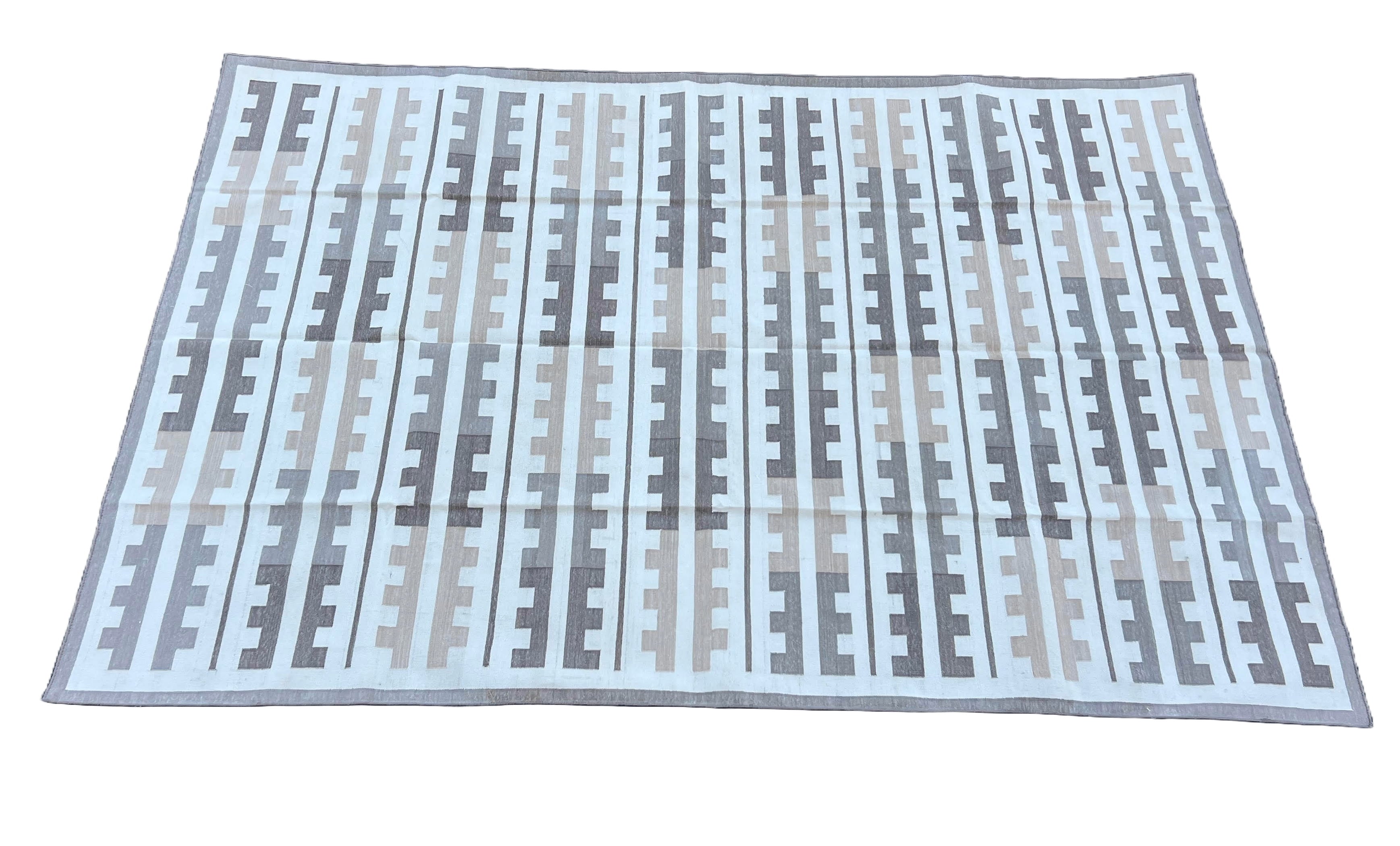 Modern Handmade Cotton Beige And Cream Marianne Striped Indian Dhurrie Rug-6767