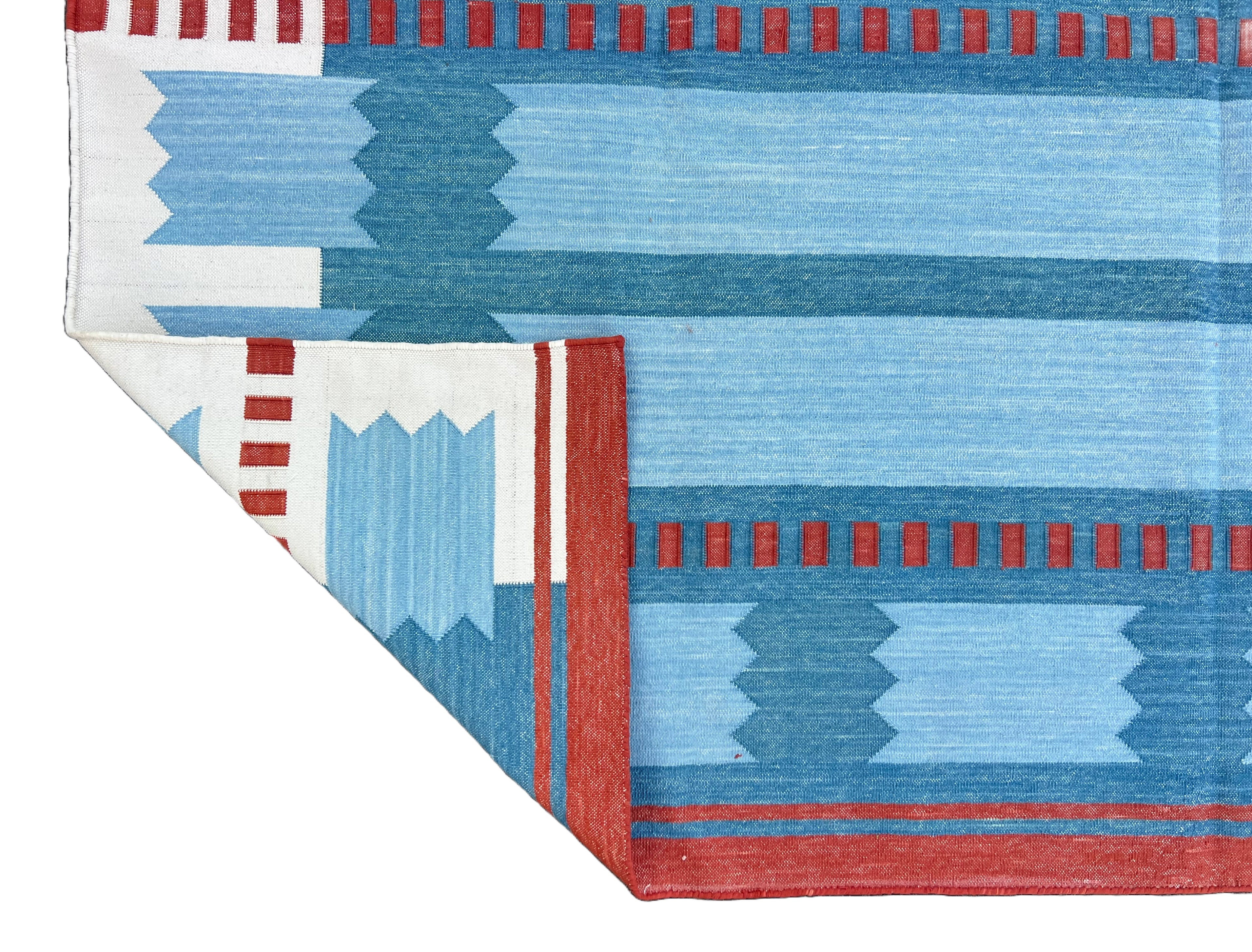 Modern Handmade Cotton Flat Weave Blue, Cream And Red Geometric Rug-6774