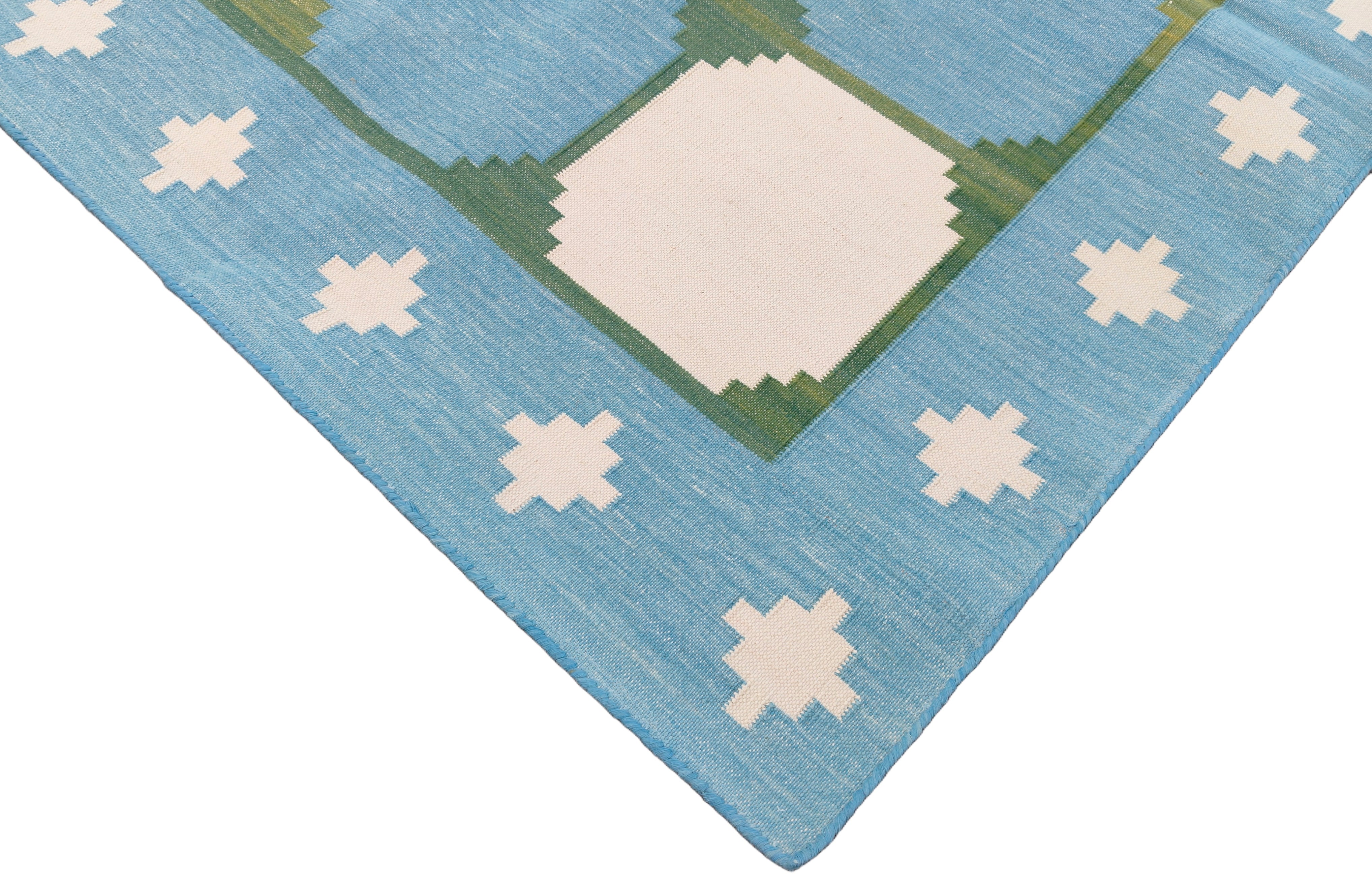 Modern Handmade Cotton Rug, 4x6 Sky Blue And Green Tile Swedish Rug-6782