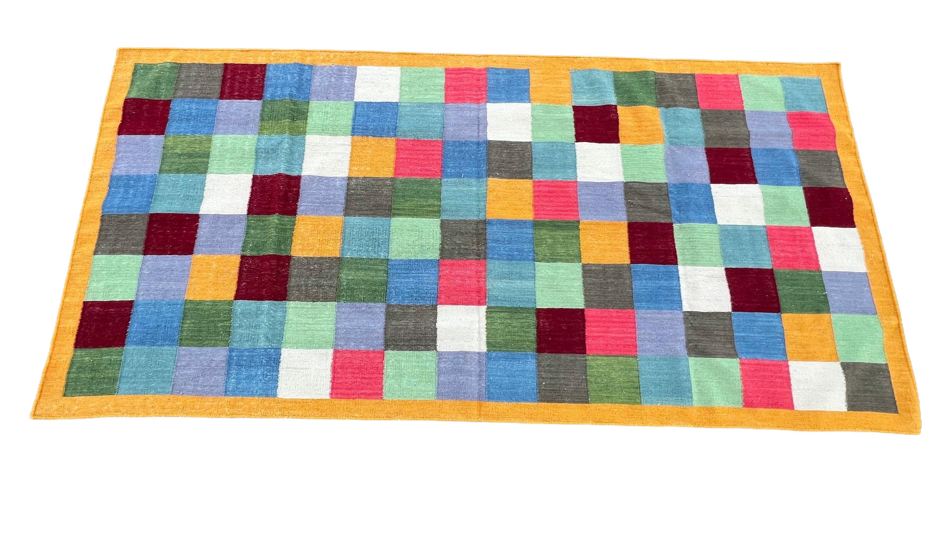 Modern Handmade Woolen Rug, 4x8 Multicolor Checked Dhurrie Runner -6785