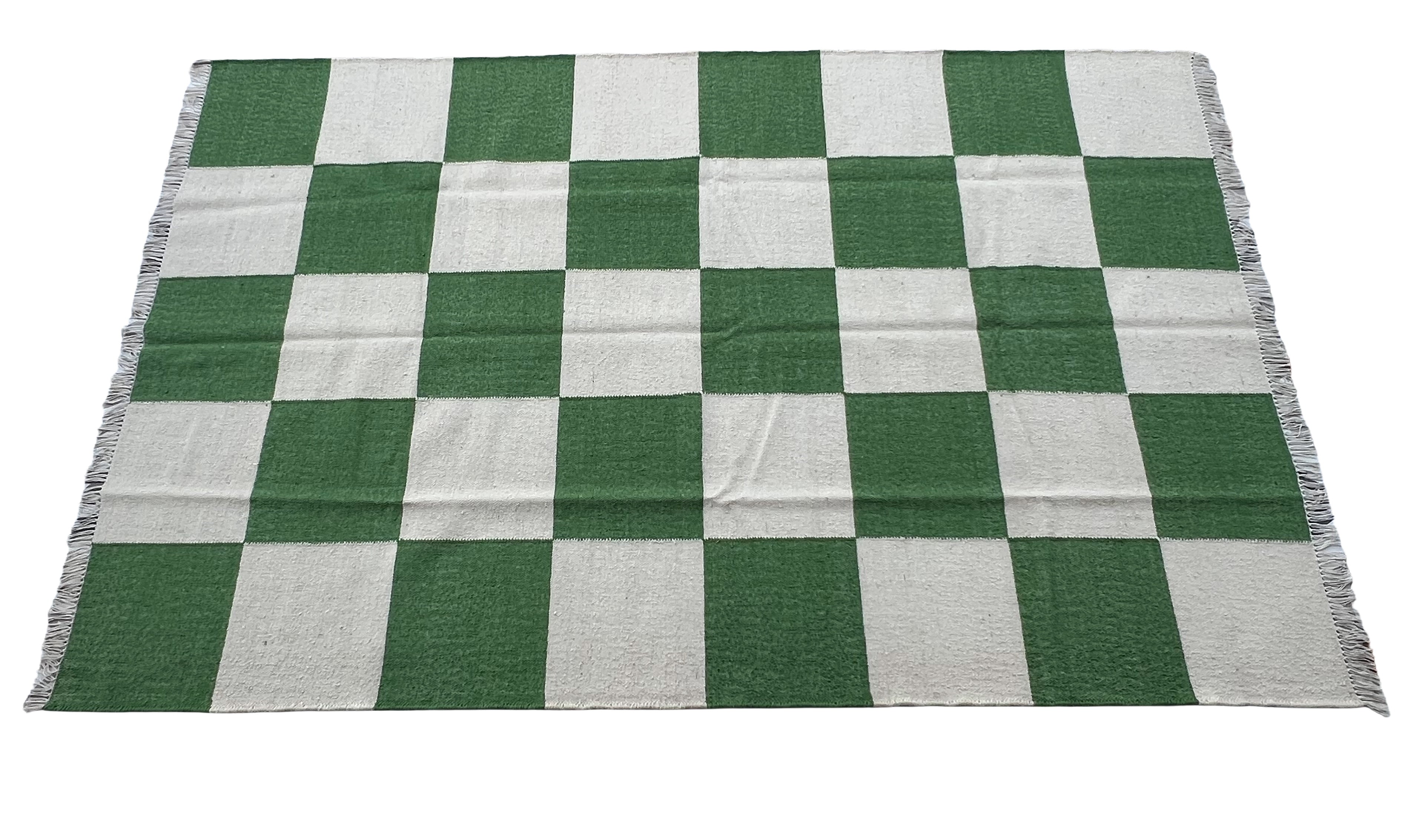 Modern Handmade New Zealand Wool Moss Green And Cream Checker Board Area Rug-6828