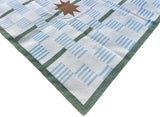 Modern Handmade Cotton Rug, 5'x8' Sky Blue, Sage Green And Cream Star And Dash Striped Rug-6811