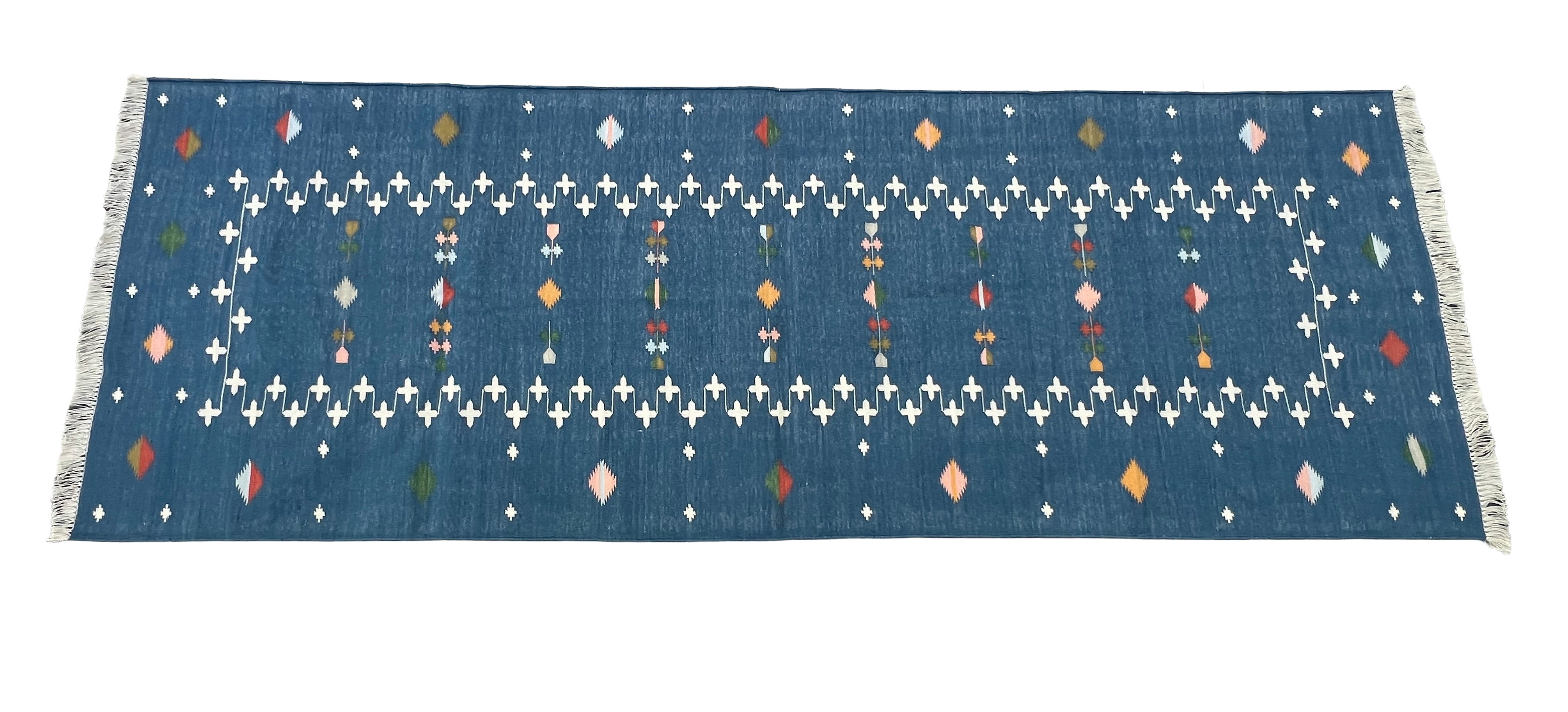 Modern Handmade Cotton Indigo Blue Shooting Star Dhurrie Runner-6815