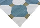 Modern Handmade Cotton Teal Blue, Cream And Olive Green Tile Area Rug-6842