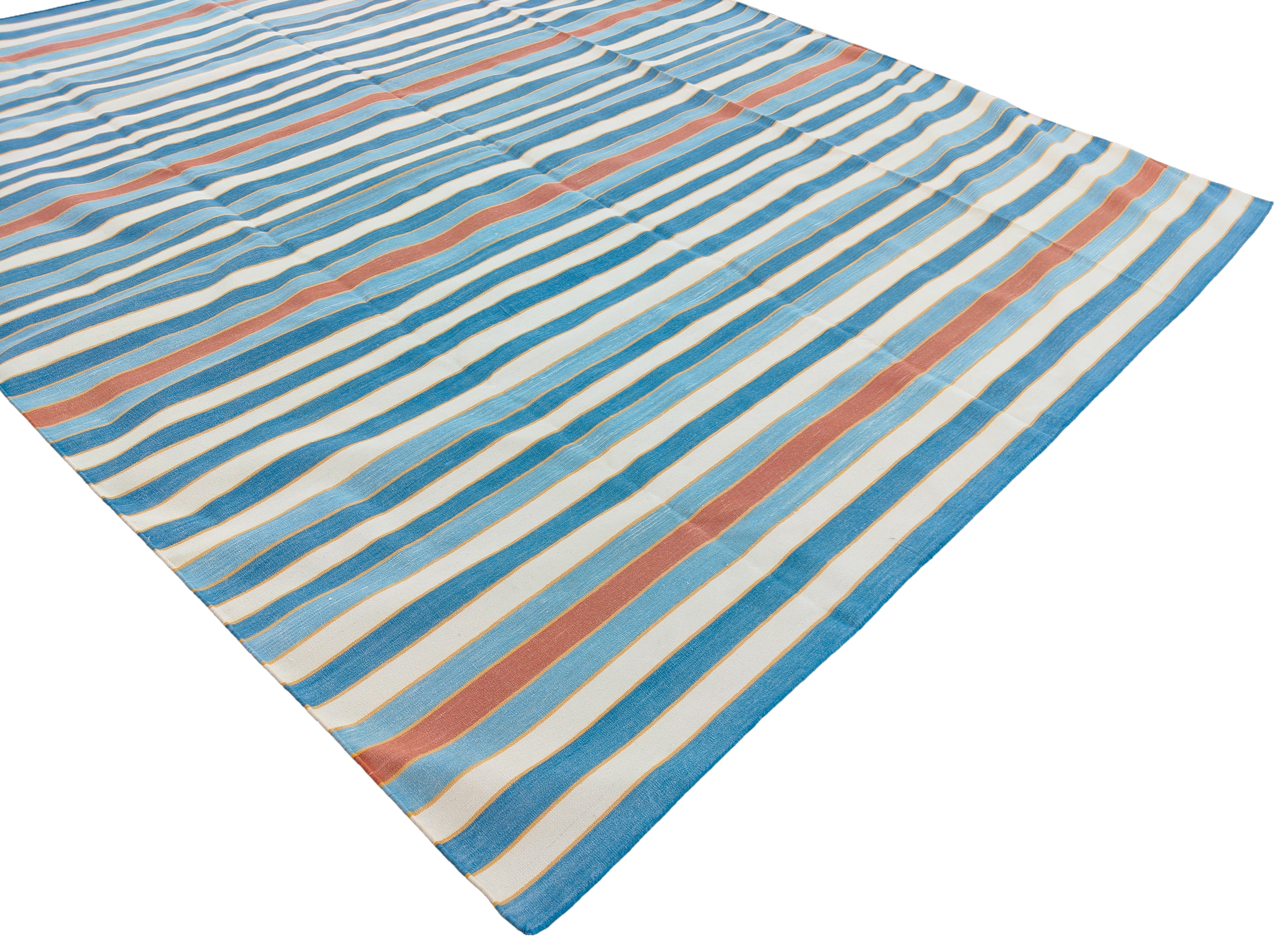 Modern Handmade Cotton Area Rug, Sky Blue, Red And Yellow Striped Indian Dhurrie -6783