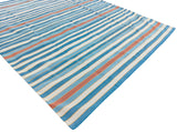 Modern Handmade Cotton Area Rug, Sky Blue, Red And Yellow Striped Indian Dhurrie -6783