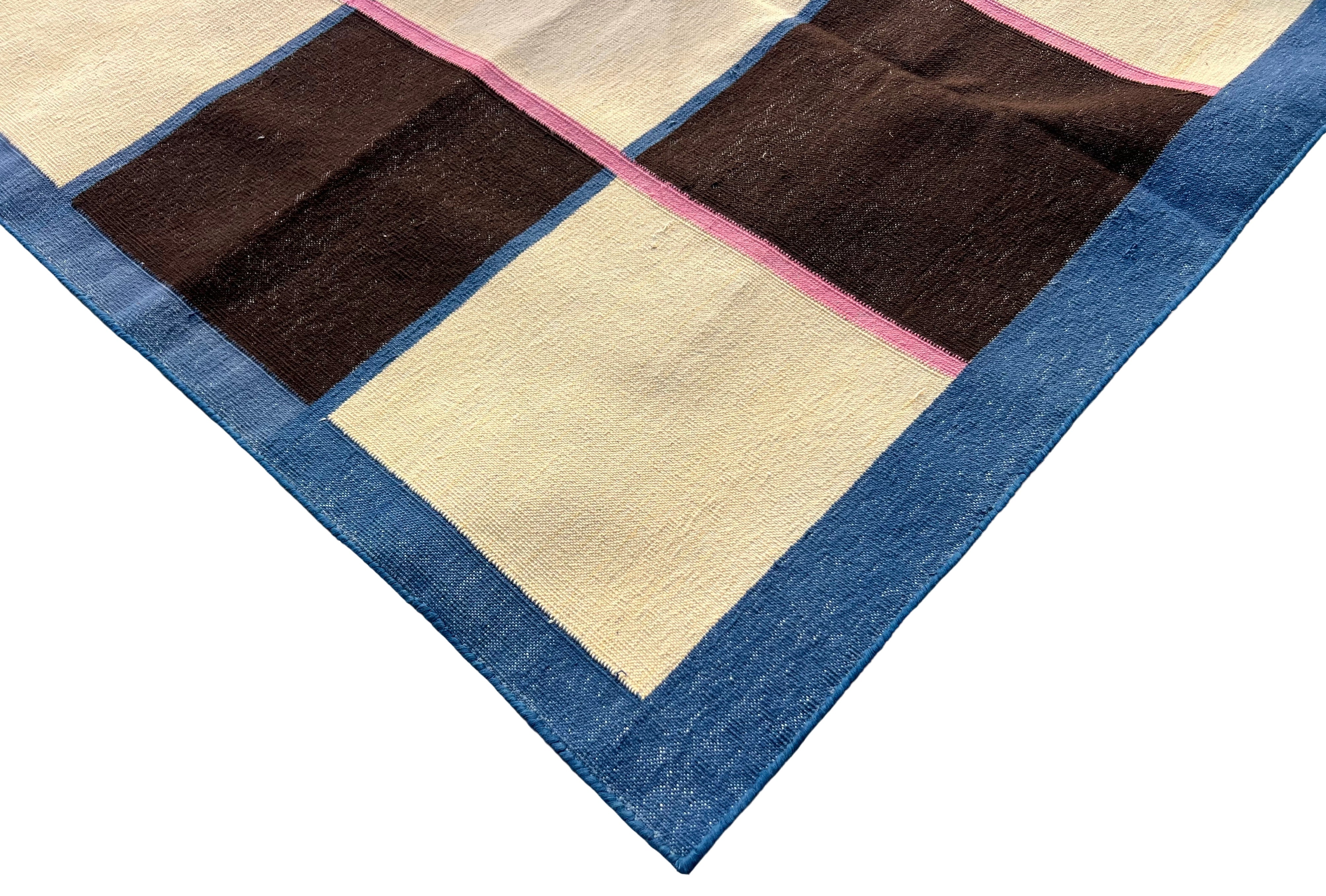 Modern Handmade Cotton Rug, 8'x8' Cream, Brown And Pink Checker Board Rug-6822