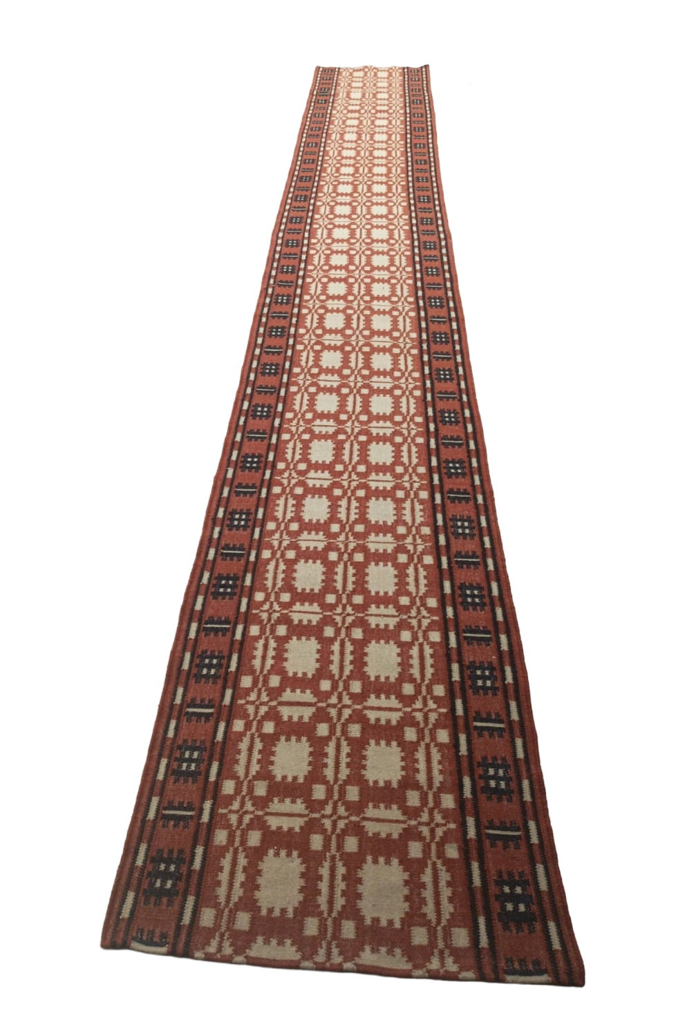 New Zealand Wool Cream, Terracotta And Brown 2.5x21.5 feet Geometric Runner