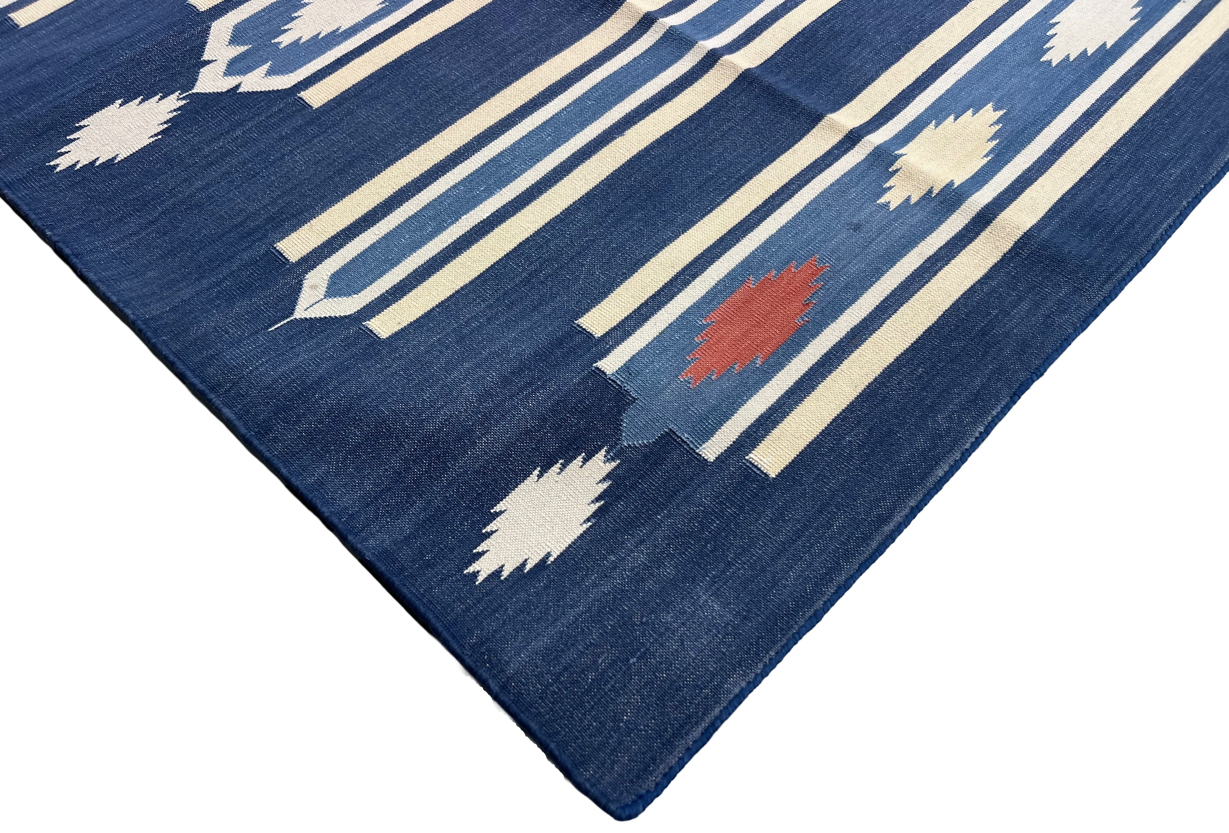 Modern Handmade Cotton Indigo Blue, Cream And Terracotta Diamond Striped Area Rug-6829