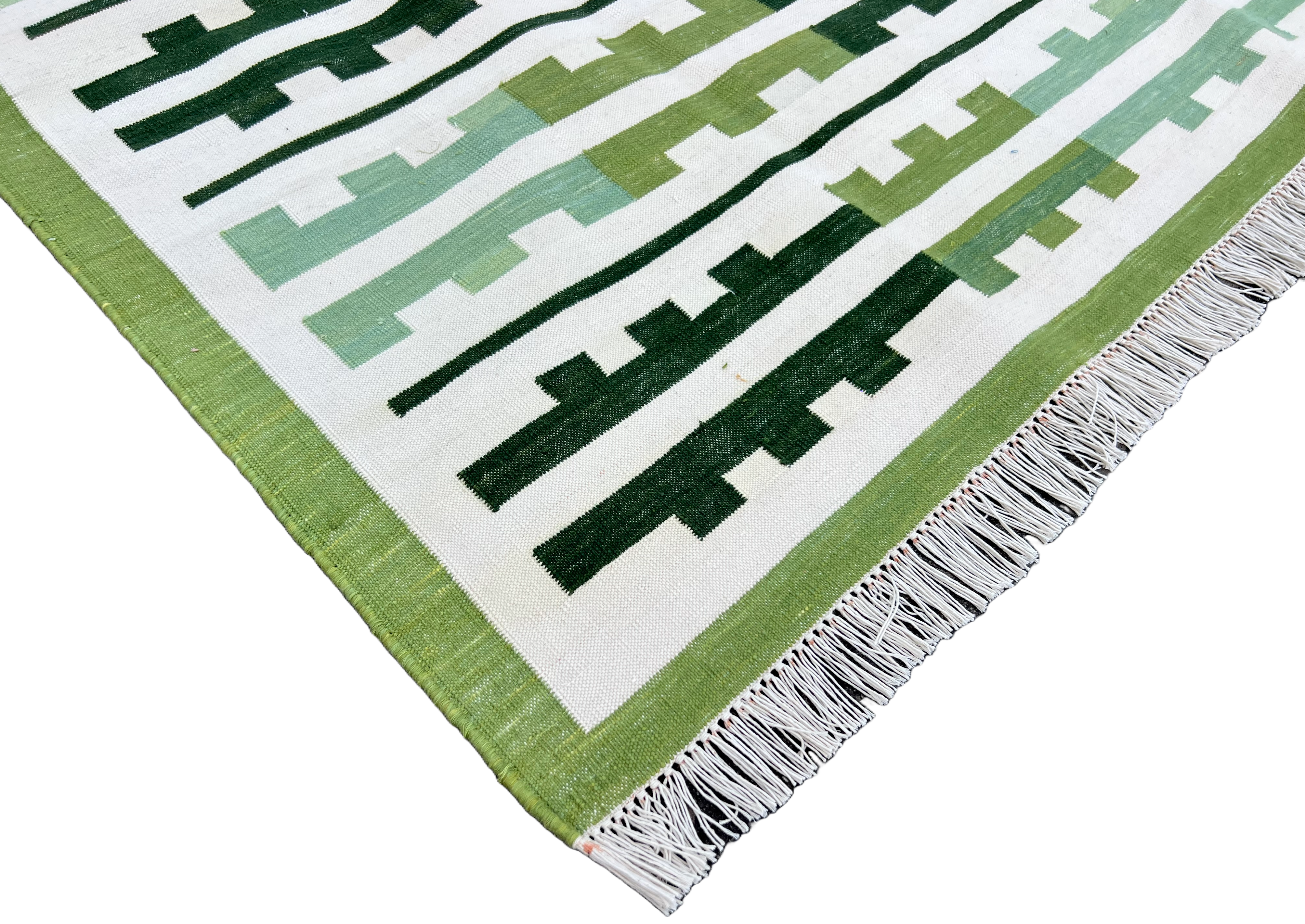 Modern Handmade Cotton Green And Cream Marianne Striped Rug-6757