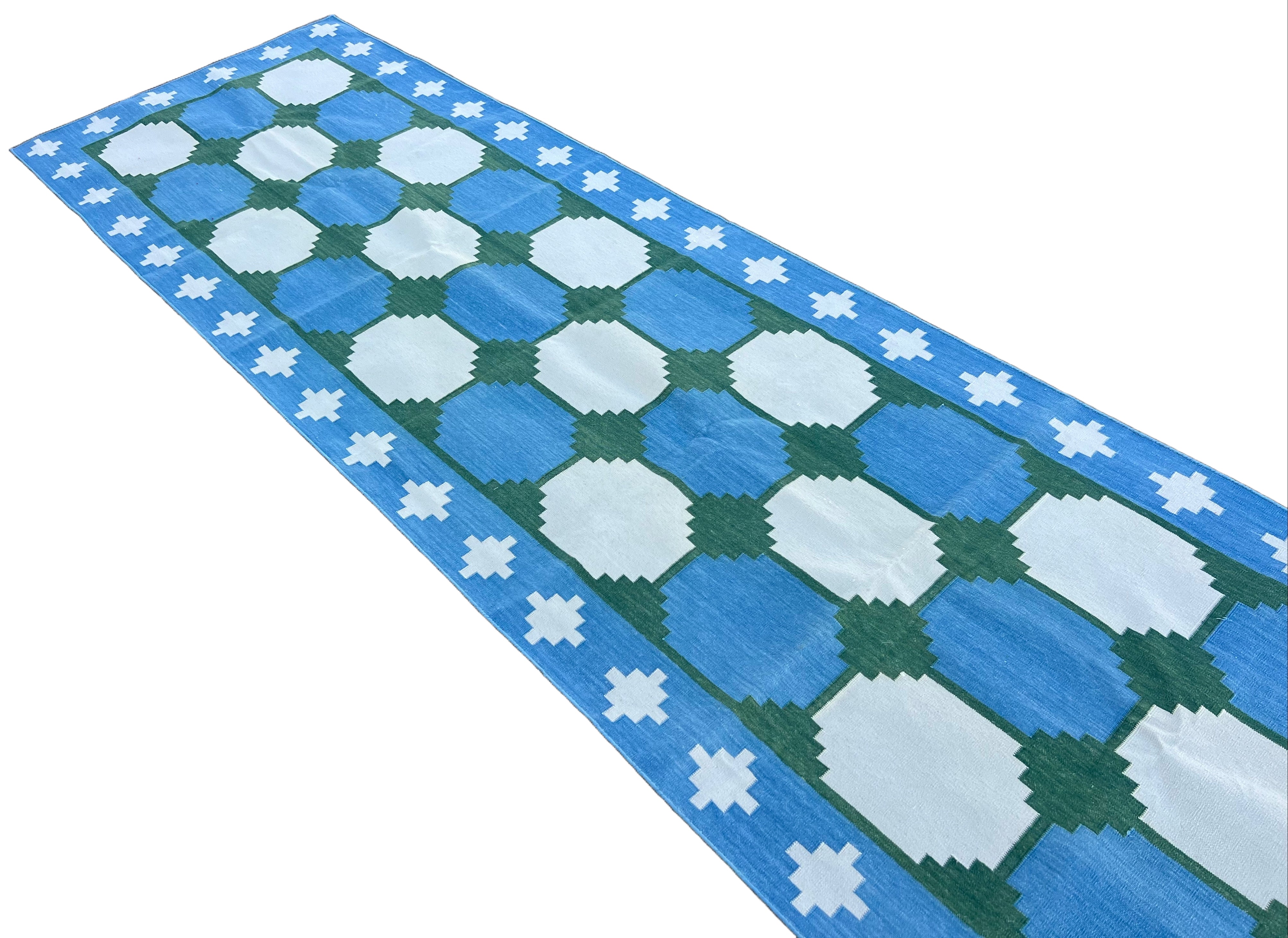 Modern Handmade Cotton Sky Blue, Cream And Green Tile Swedish Runner-6561