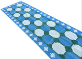 Modern Handmade Cotton Sky Blue, Cream And Green Tile Swedish Runner-6561