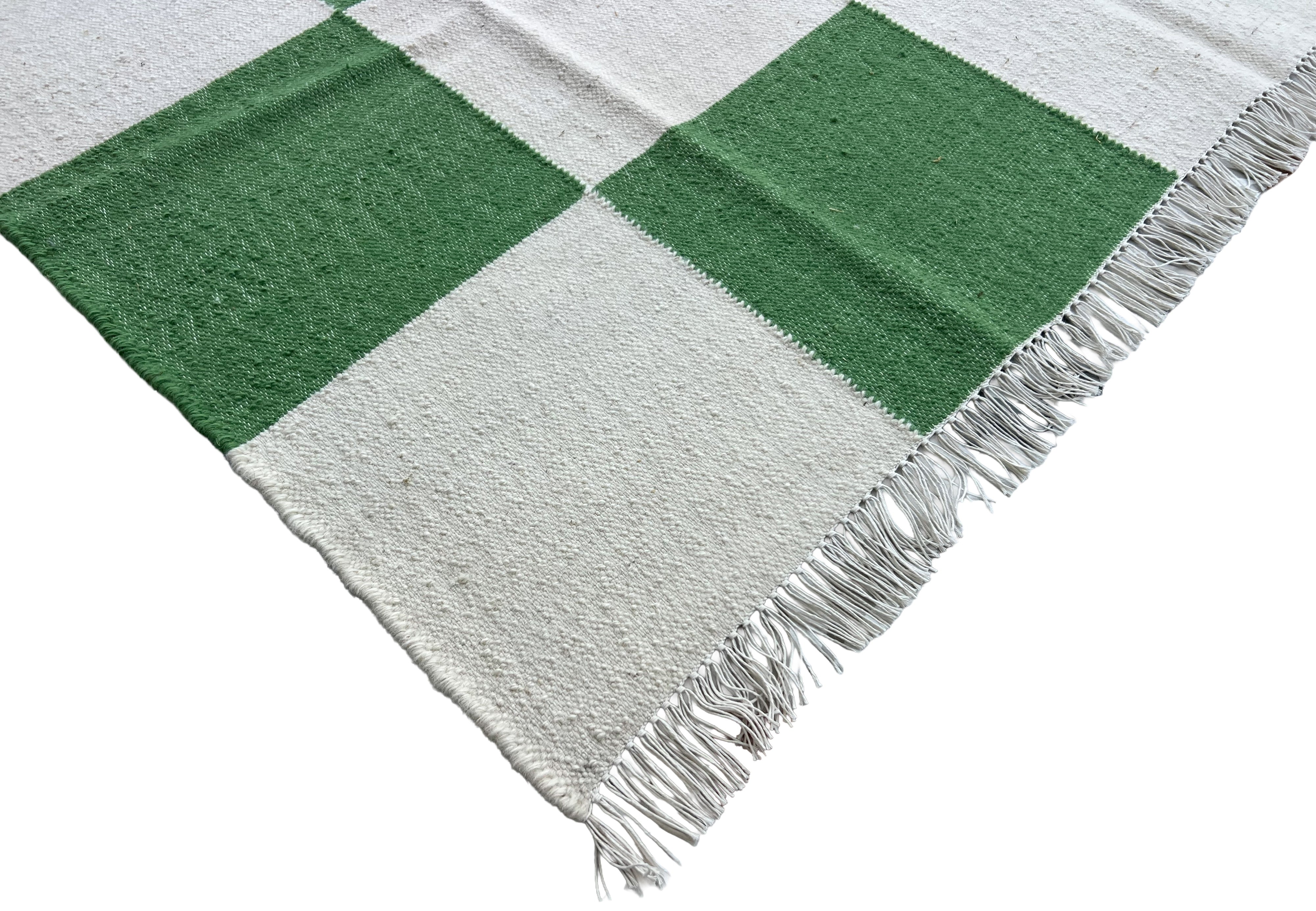 Modern Handmade New Zealand Wool Moss Green And Cream Checker Board Area Rug-6828