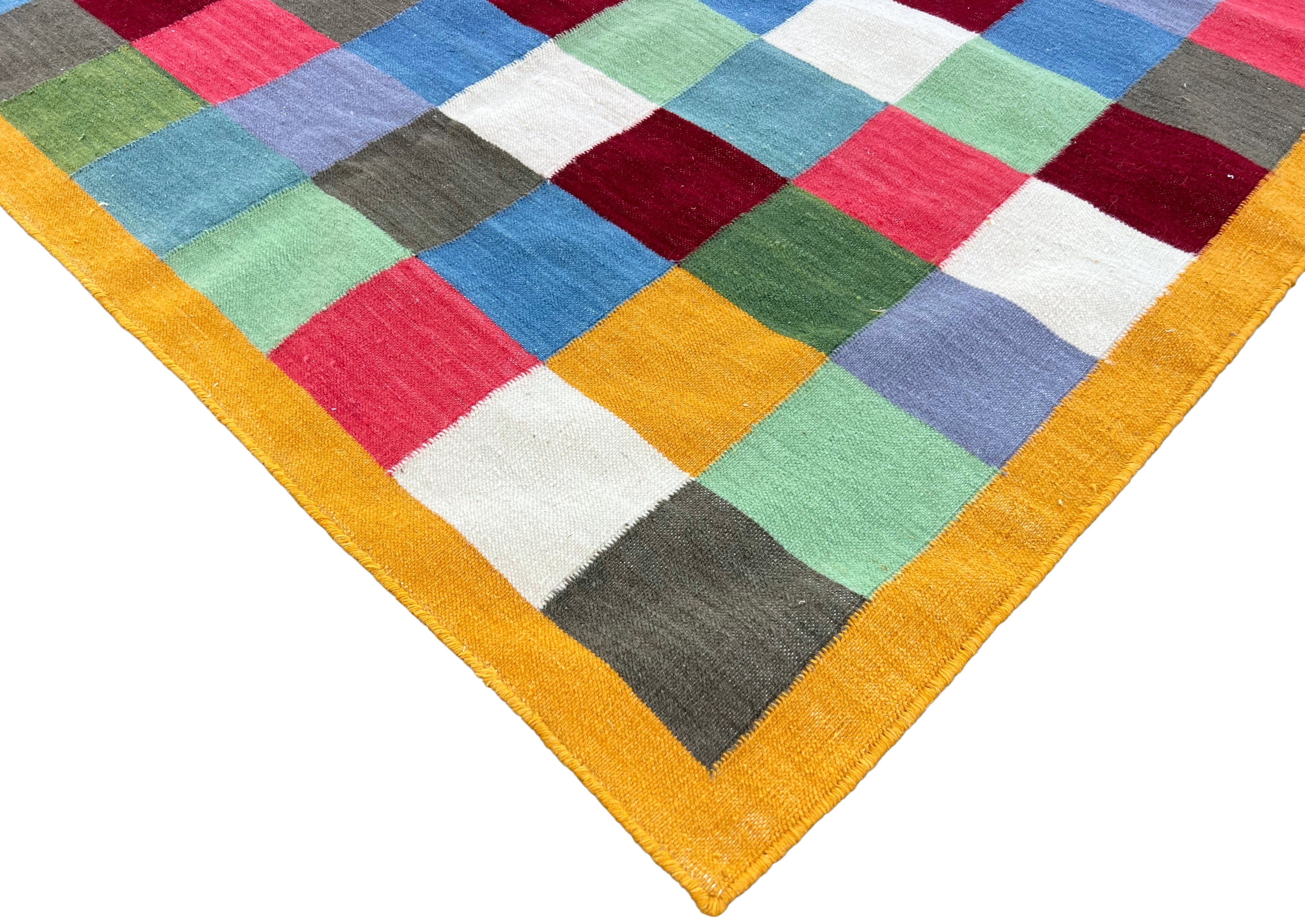 Modern Handmade Woolen Rug, 4x8 Multicolor Checked Dhurrie Runner -6785