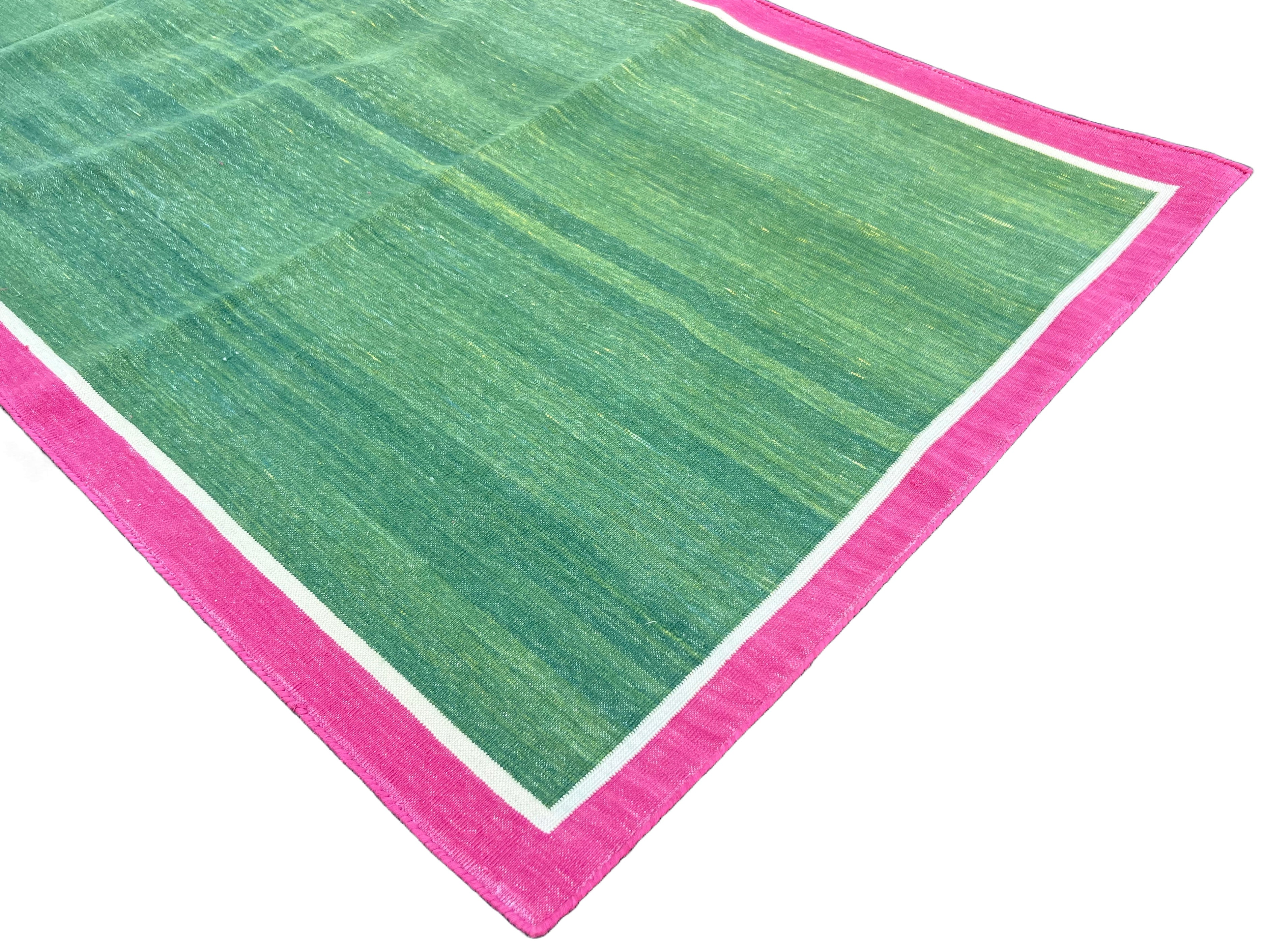 Modern Handmade Cotton Green, Cream And Raspberry Pink Empty Field Runner-6758