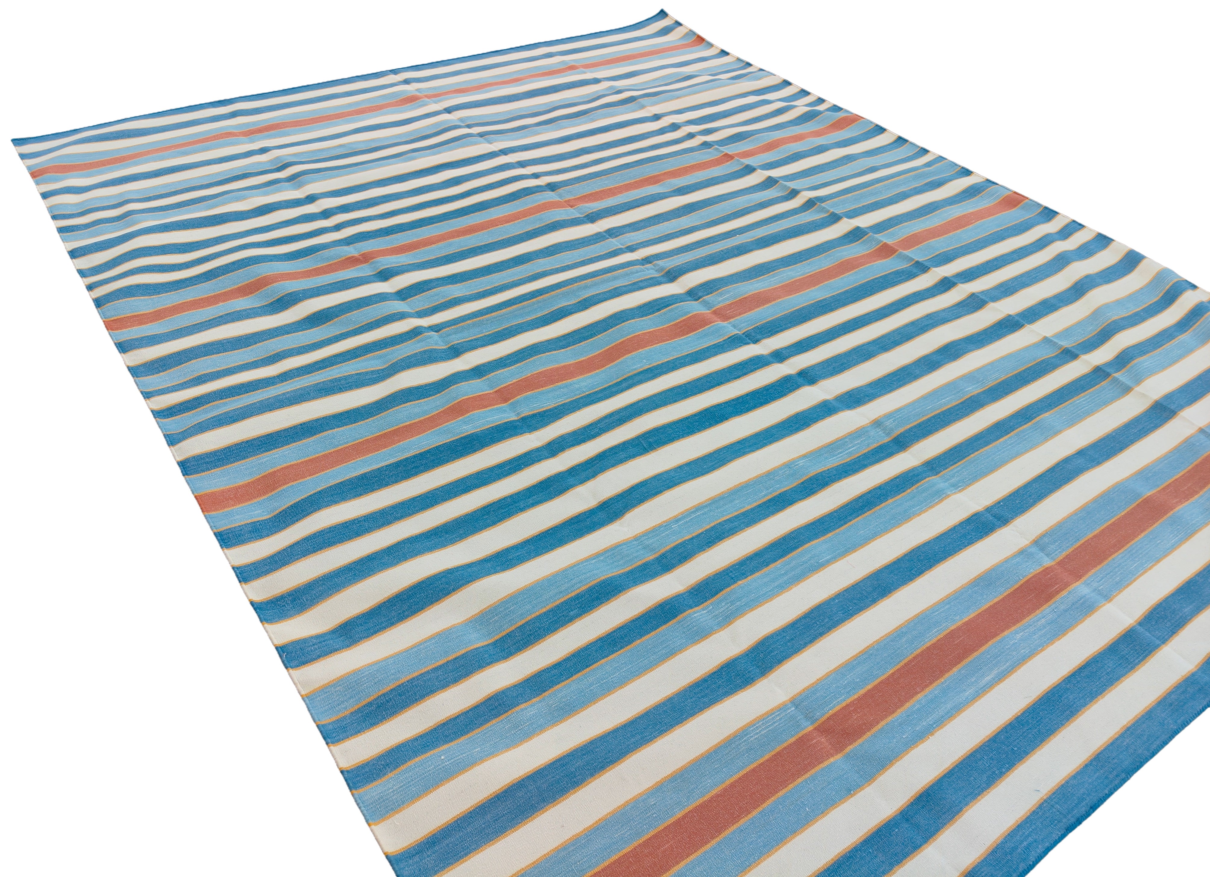 Modern Handmade Cotton Area Rug, Sky Blue, Red And Yellow Striped Indian Dhurrie -6783
