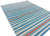 Modern Handmade Cotton Area Rug, Sky Blue, Red And Yellow Striped Indian Dhurrie -6783