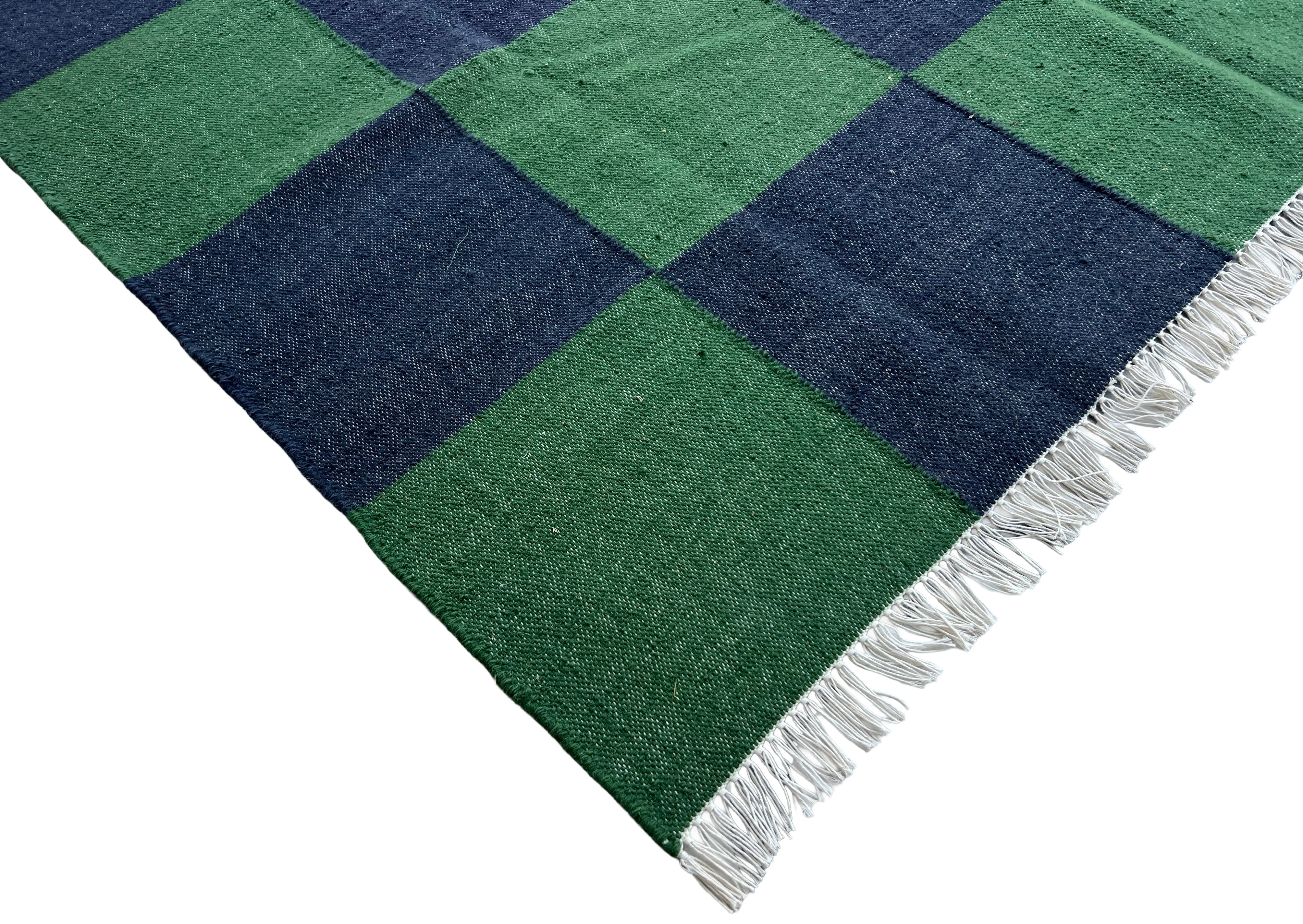 Modern Handmade New Zealand Wool Forest Green And Greyish Blue Checker Board Area Rug-6827