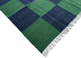 Modern Handmade New Zealand Wool Forest Green And Greyish Blue Checker Board Area Rug-6827