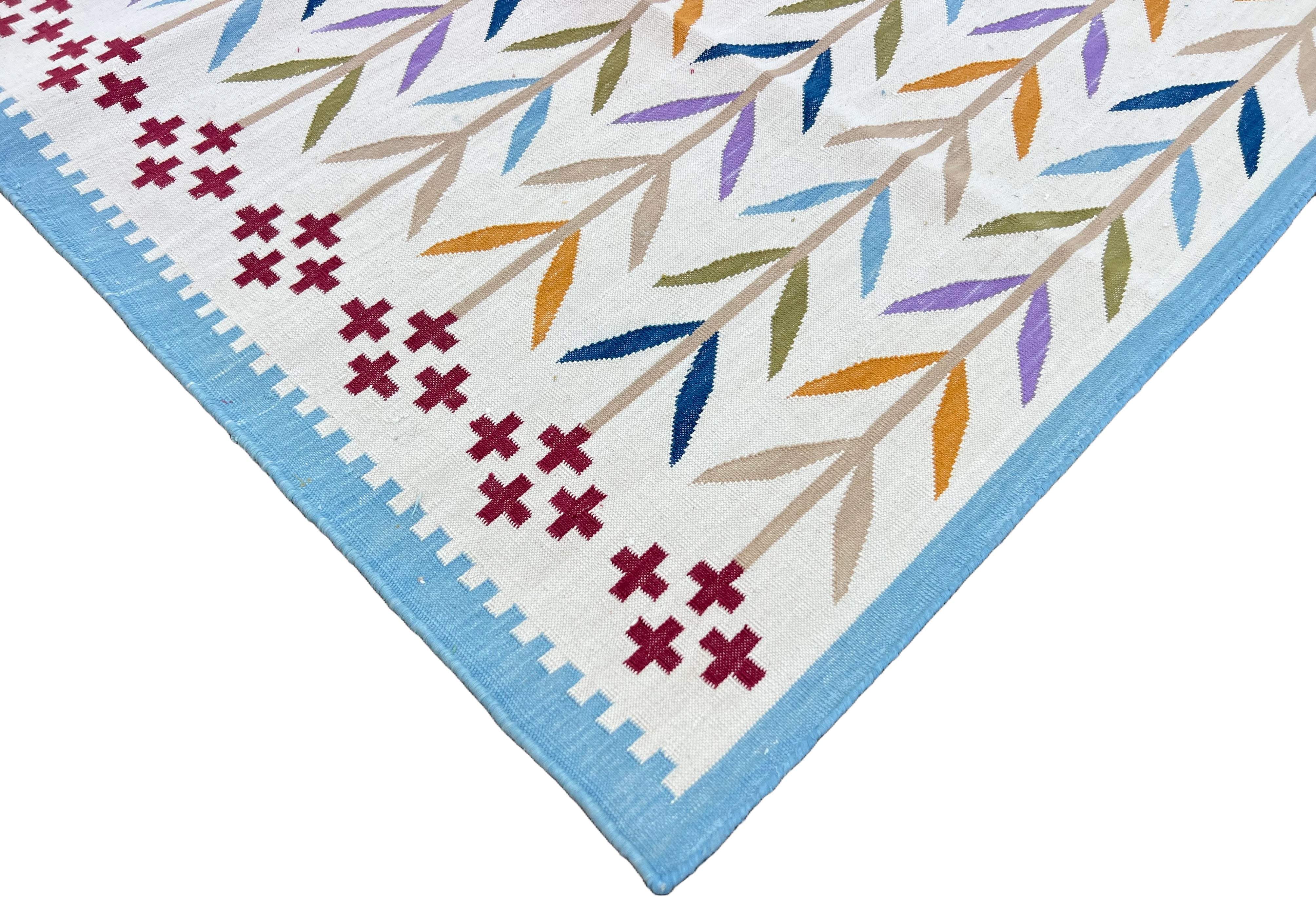 Modern Handmade Cotton Area Flat Weave Rug, Sky Blue And Cream Leaf Indian Dhurrie-6779