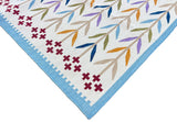 Modern Handmade Cotton Area Flat Weave Rug, Sky Blue And Cream Leaf Indian Dhurrie-6779