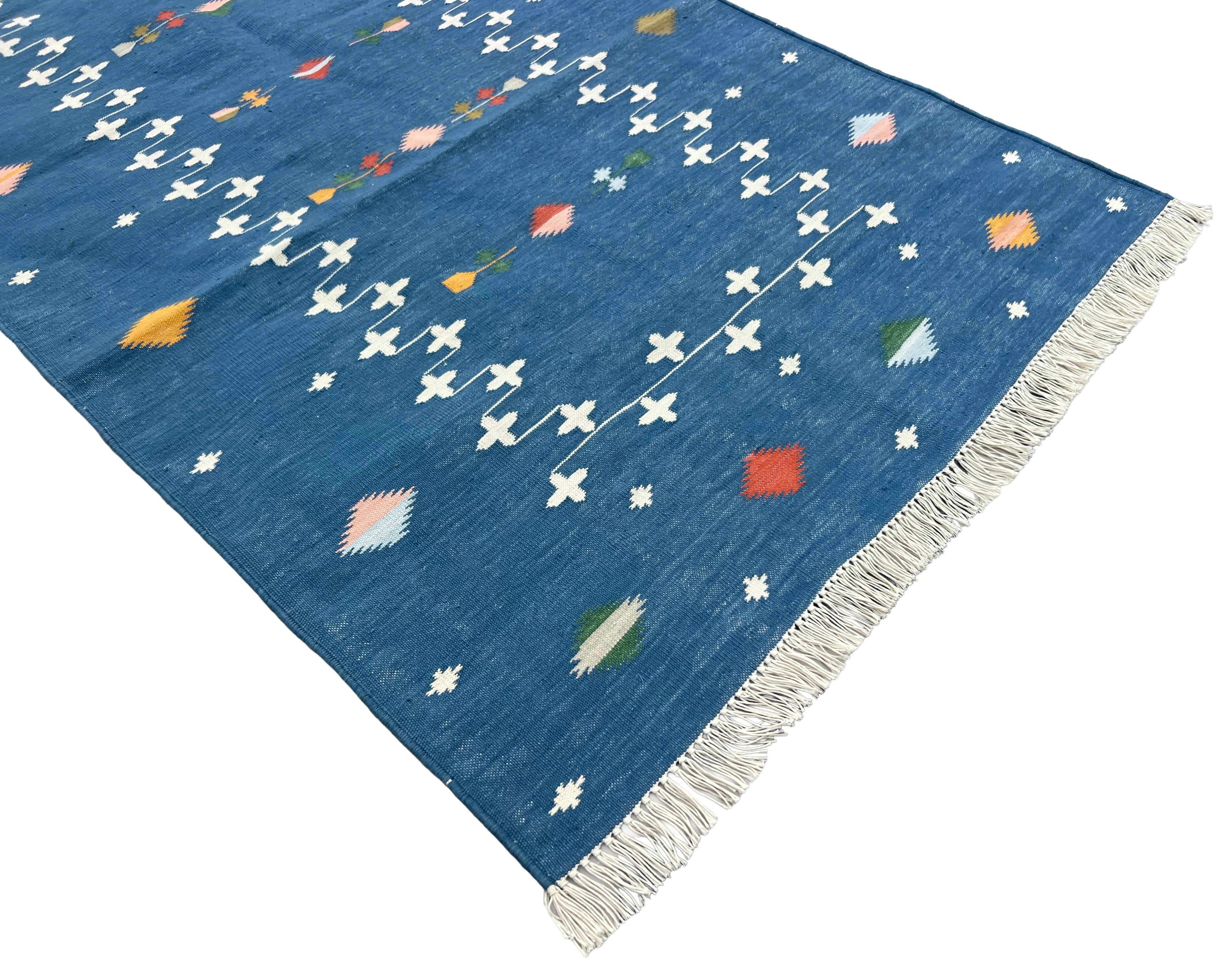 Modern Handmade Cotton Indigo Blue Shooting Star Dhurrie Runner-6815
