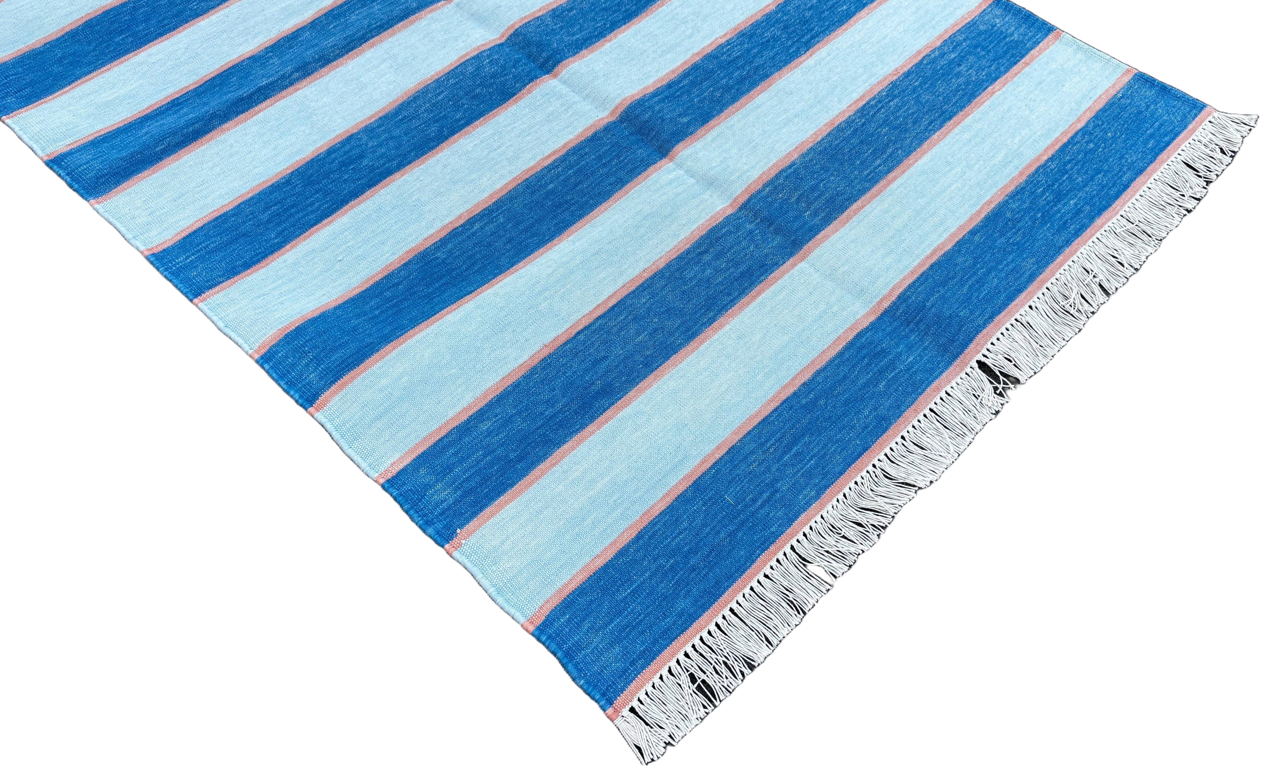 Modern Handmade Cotton Blue And Orange Striped Area Rug-6765