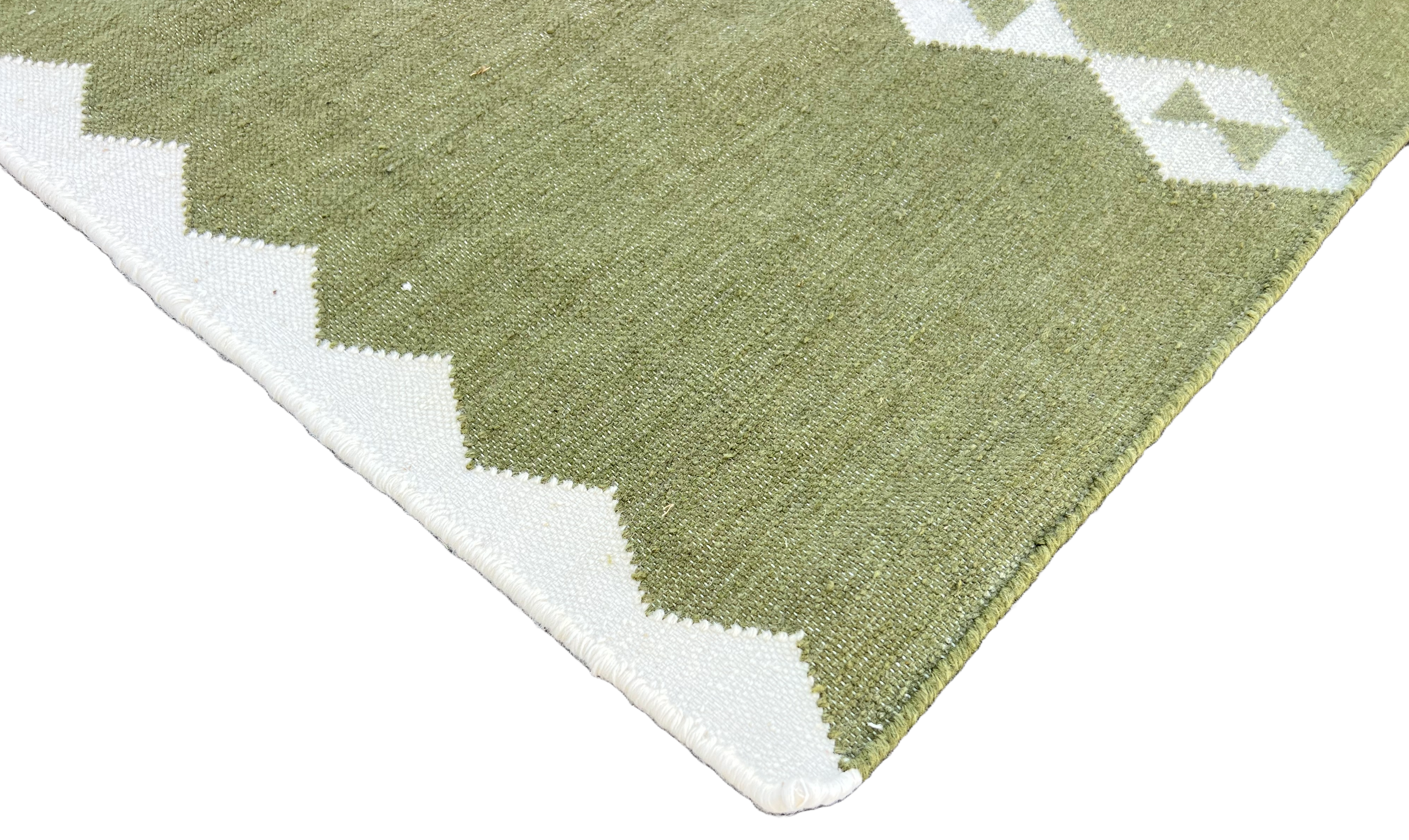 Modern Handmade New Zealand Wool Dark Olive Green And White Geometric Runner-6756