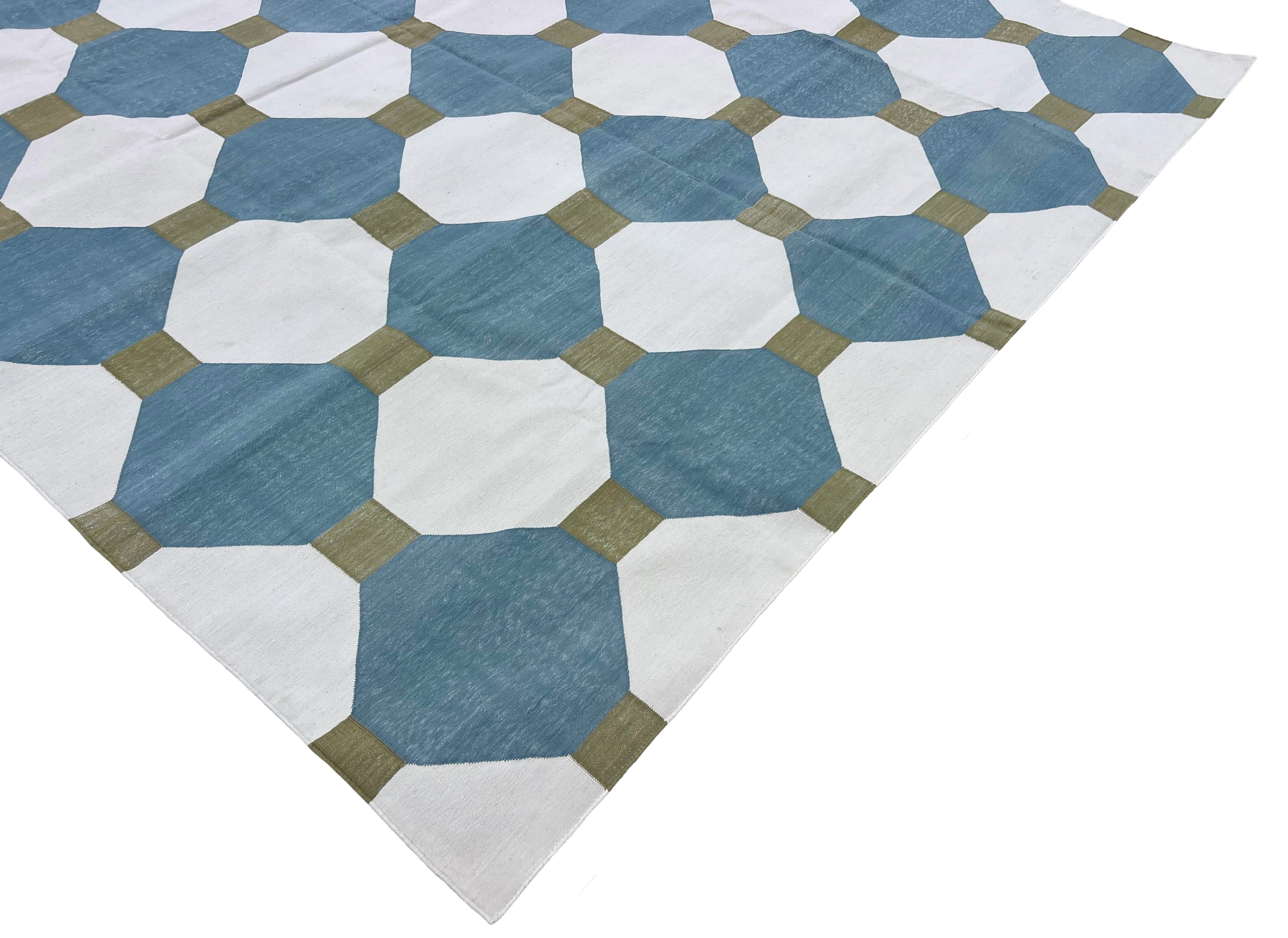 Modern Handmade Cotton Teal Blue, Cream And Olive Green Tile Area Rug-6842