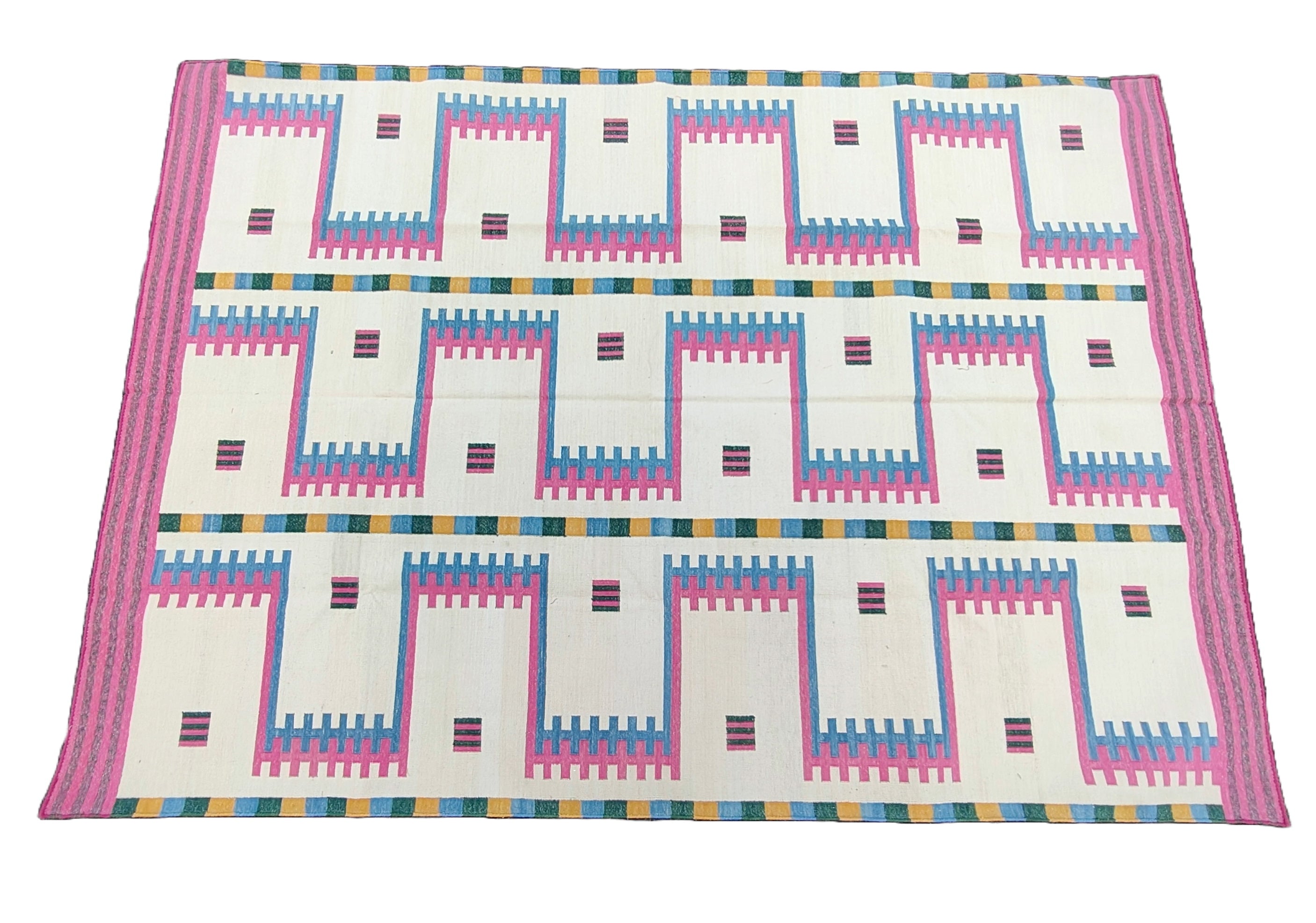 Modern Handmade Cotton Rug, 5x7 Pink And Cream Geometric Rug-6781