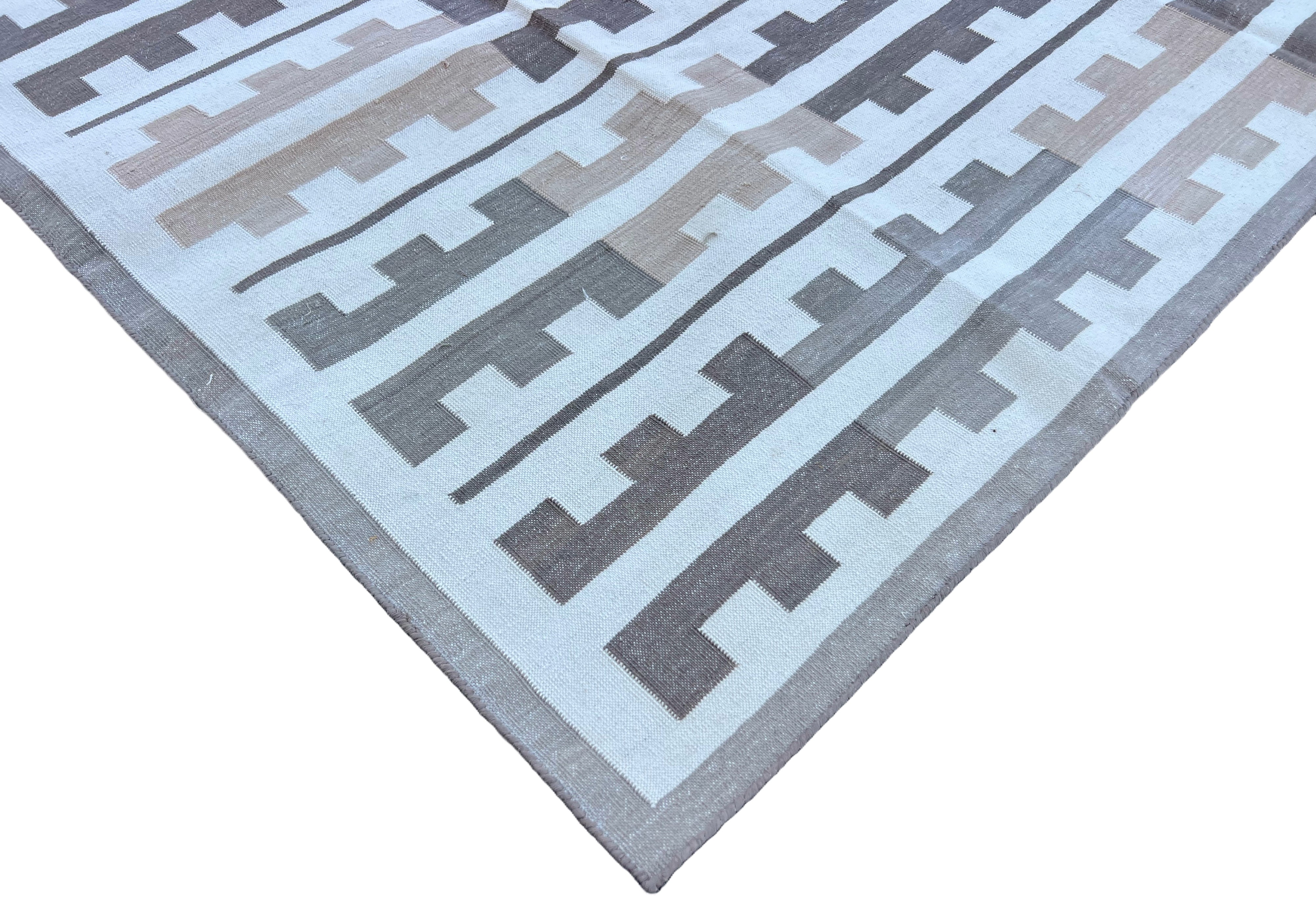 Modern Handmade Cotton Beige And Cream Marianne Striped Indian Dhurrie Rug-6767