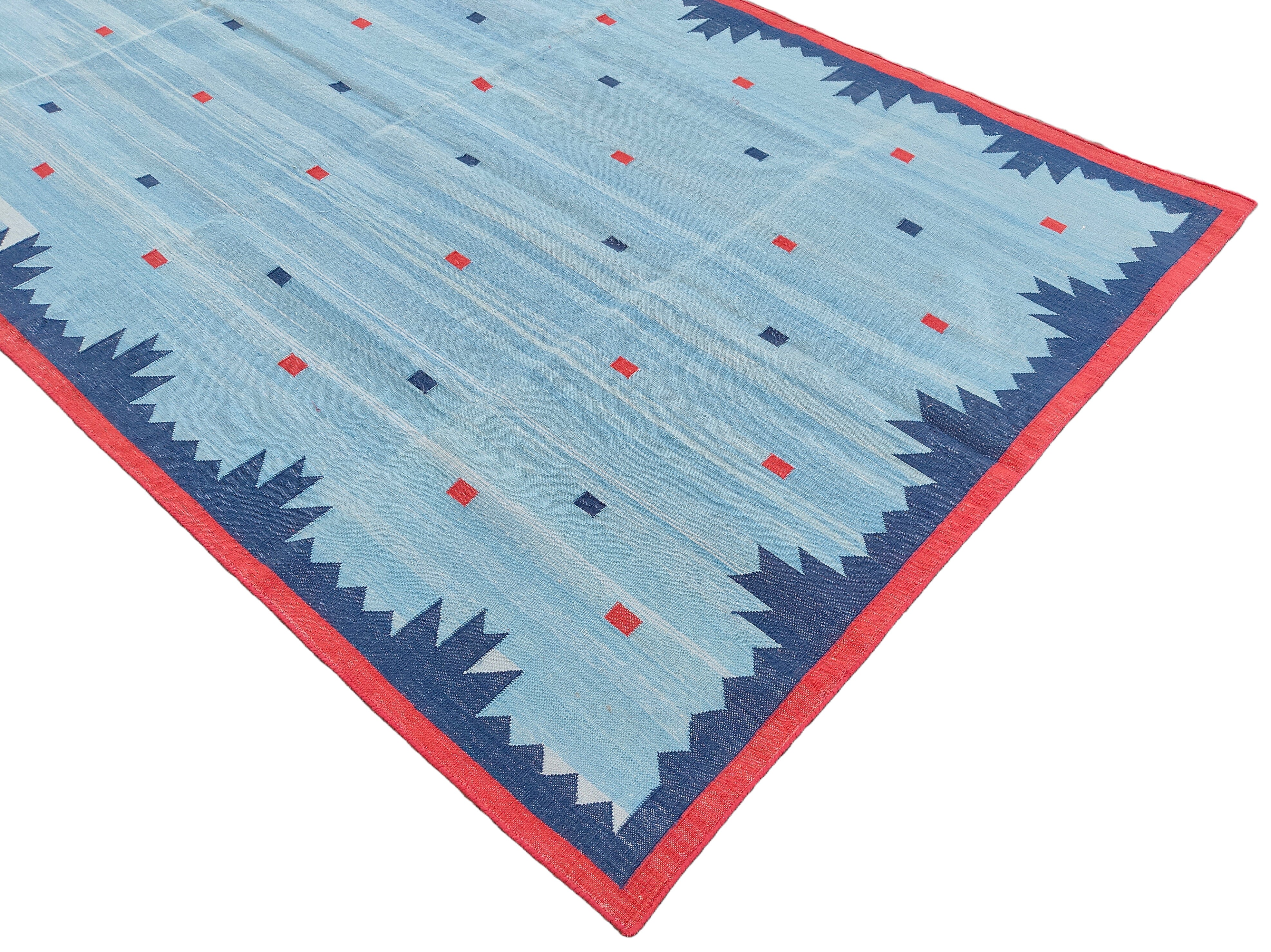 Modern Handmade Cotton Rug, 5x8 Sky And Navy Blue Red Border Geometric Diamond Rug-6775