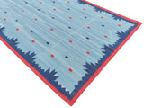 Modern Handmade Cotton Rug, 5x8 Sky And Navy Blue Red Border Geometric Diamond Rug-6775