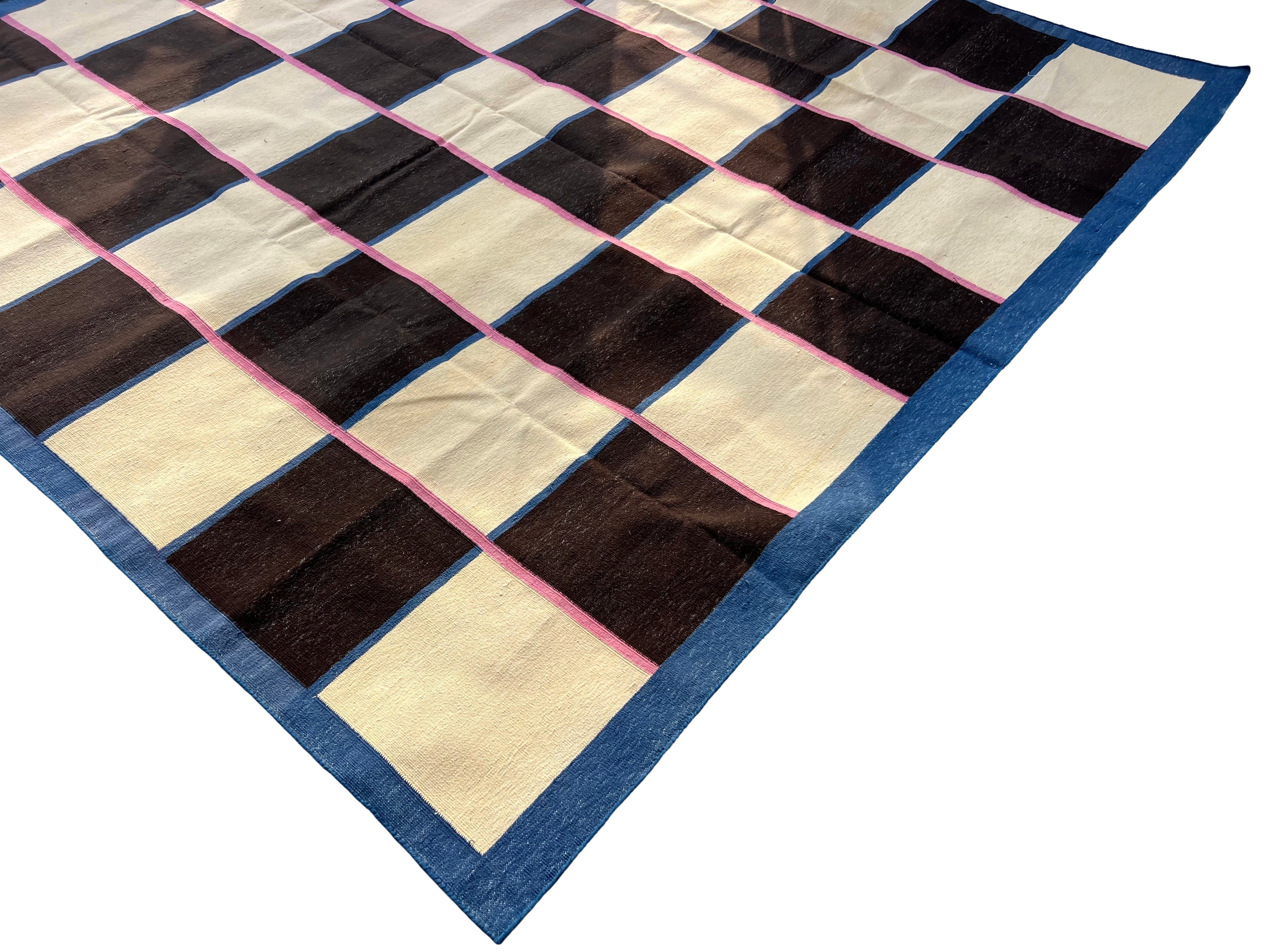 Modern Handmade Cotton Rug, 8'x8' Cream, Brown And Pink Checker Board Rug-6822