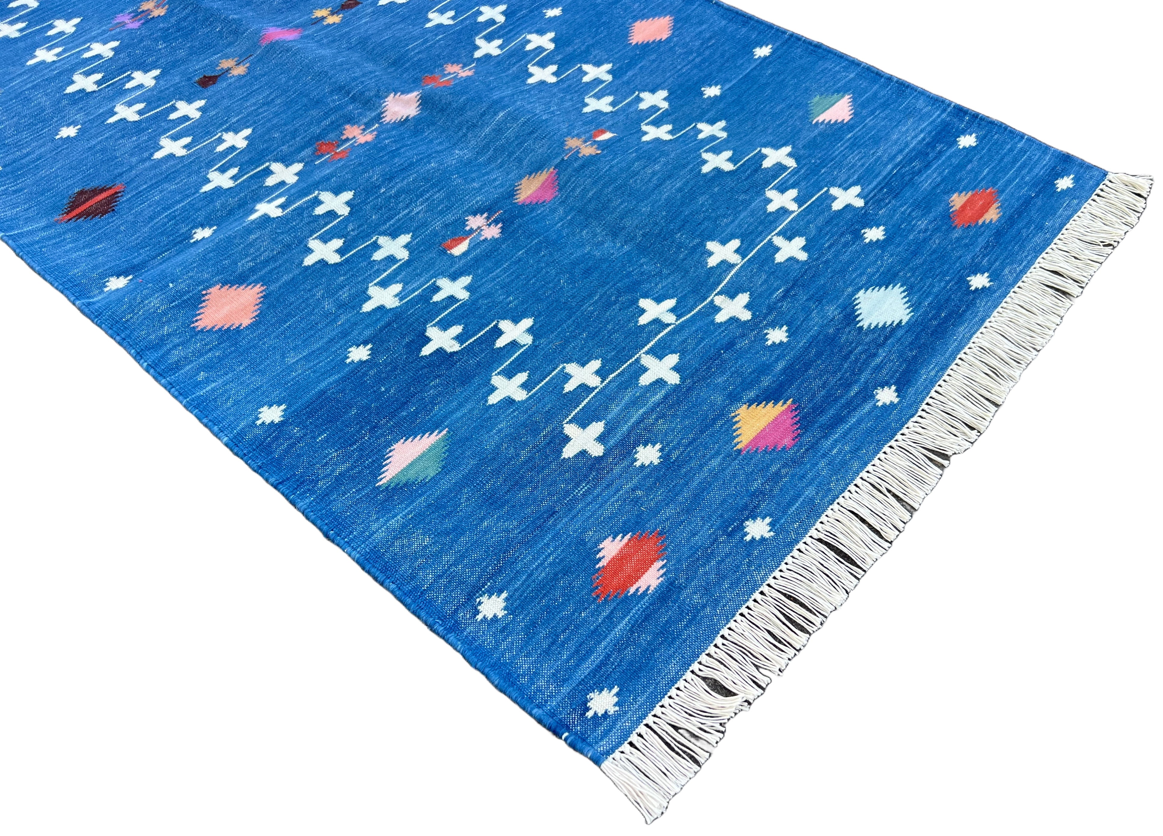Modern Handmade Cotton Indigo Blue Shooting Star Dhurrie Runner-6772