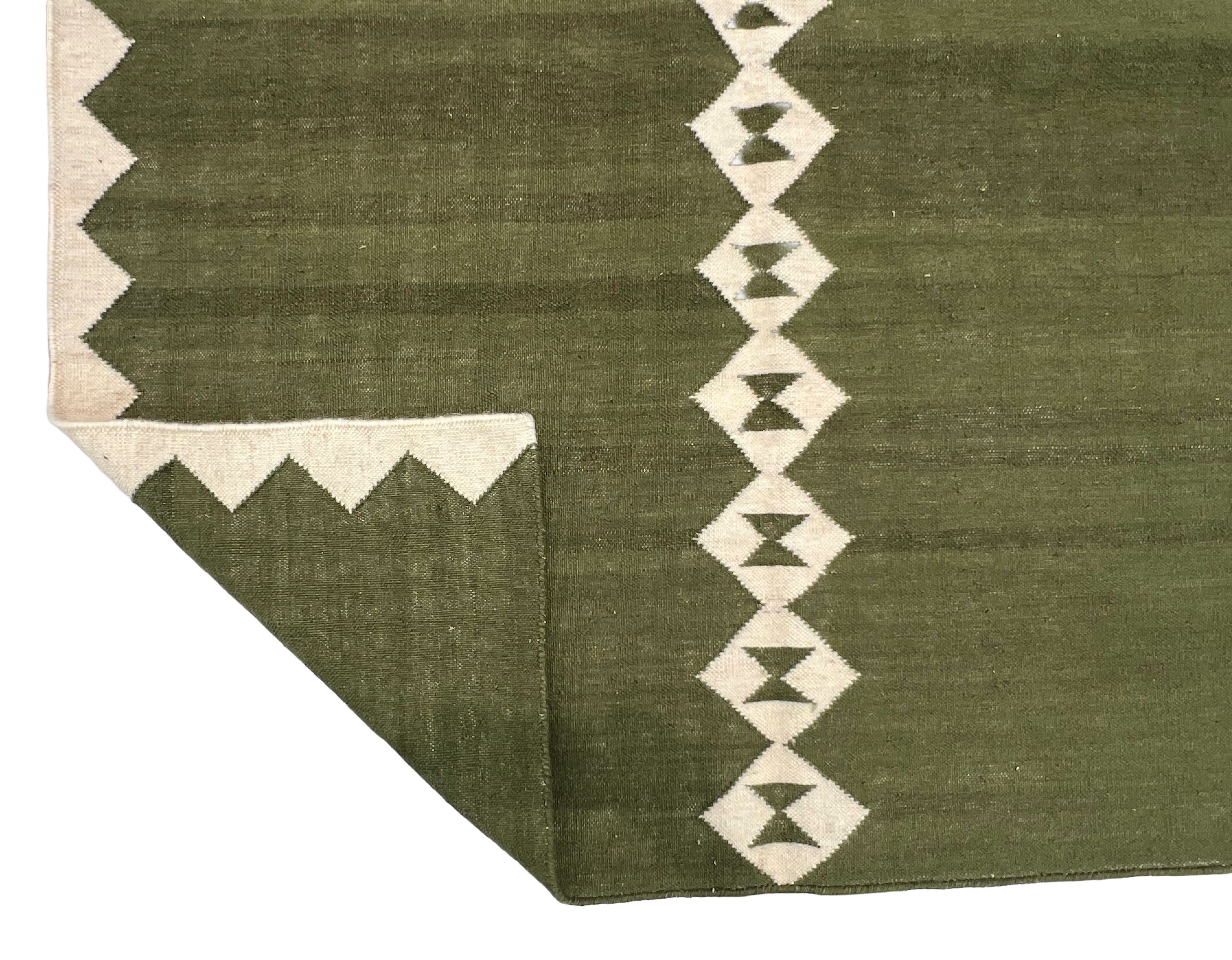 Modern Handmade New Zealand Wool Olive Green And Cream Diamond Runner-6841