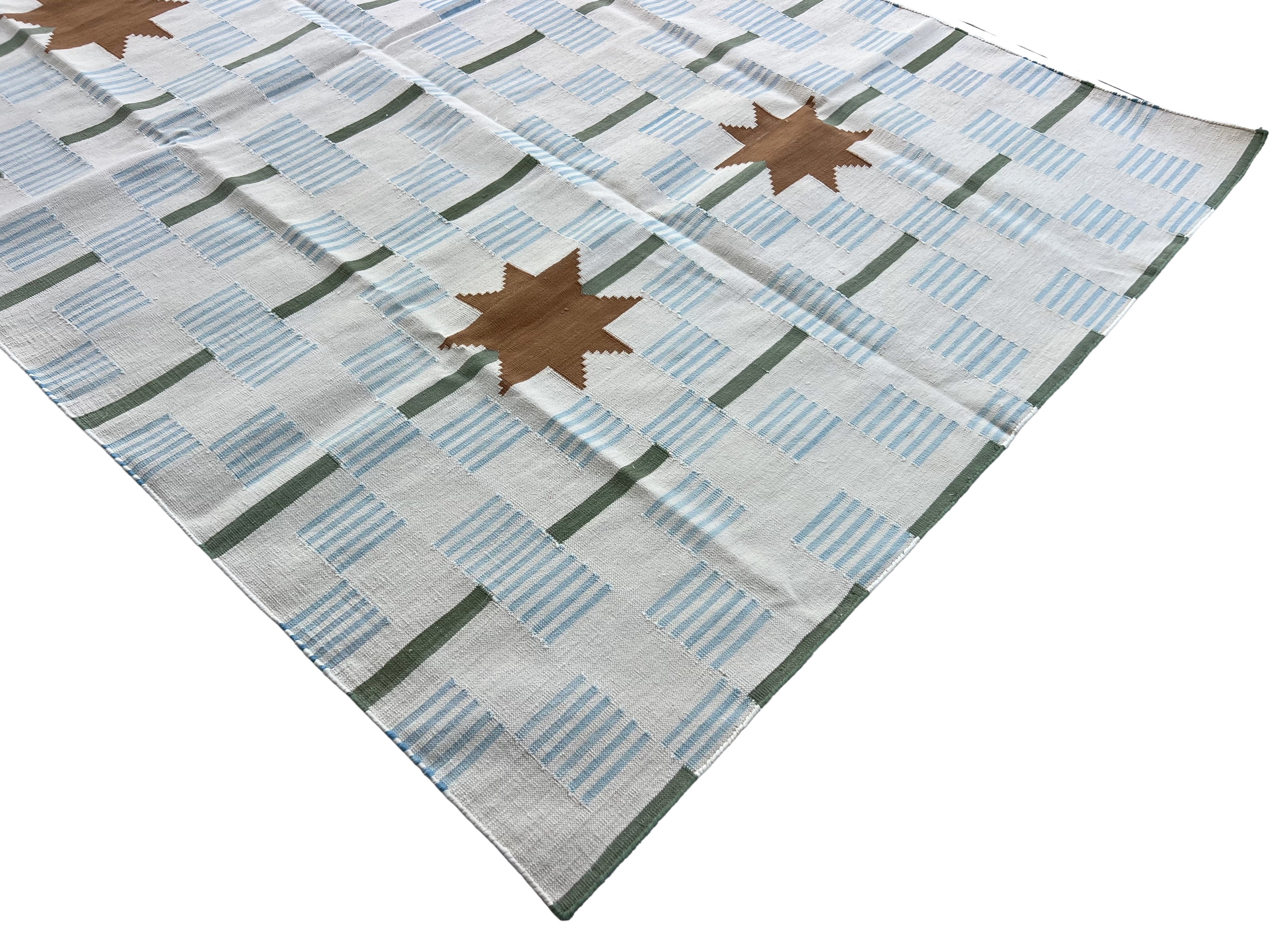 Modern Handmade Cotton Rug, 5'x8' Sky Blue, Sage Green And Cream Star And Dash Striped Rug-6825