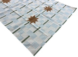 Modern Handmade Cotton Rug, 5'x8' Sky Blue, Sage Green And Cream Star And Dash Striped Rug-6825