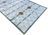 Modern Handmade Cotton Rug, 5'x8' Sky Blue, Sage Green And Cream Star And Dash Striped Rug-6811